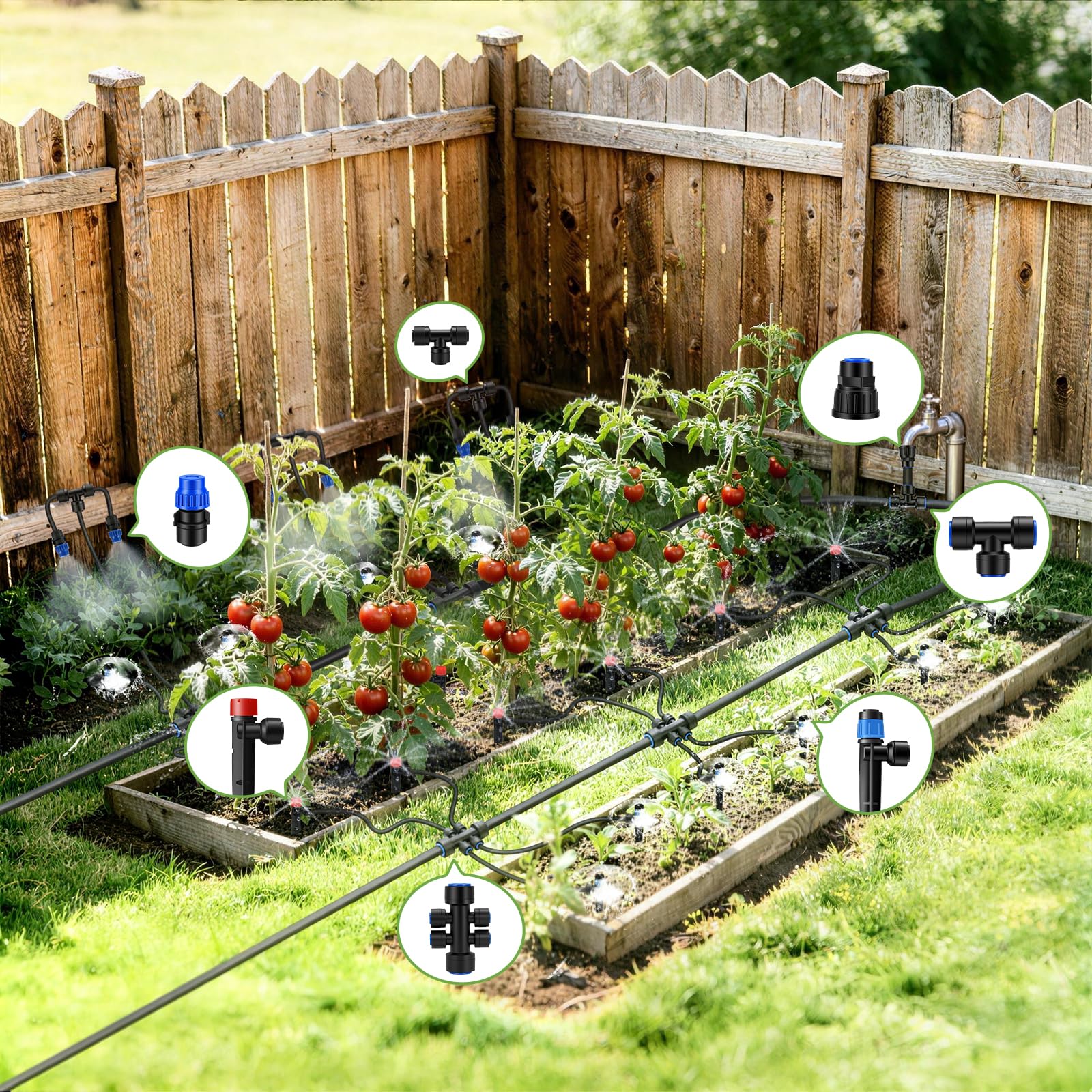 Sistema di irrigazione a goccia a innaffiamento rapido da 60 m, kit di irrigazione automatica da giardino con raccordi a bloccaggio rapido da 1/2" e 1/4", irrigatori regolabili per aiuole