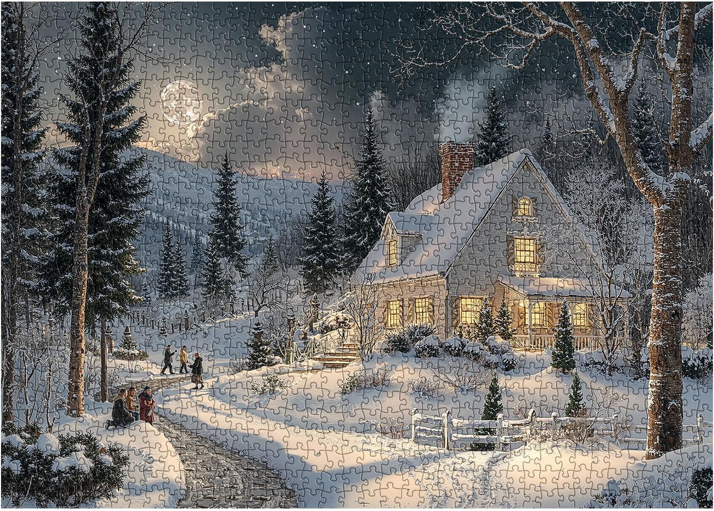 Moonlit Snowy Night Puzzles for Adults 1000 Pieces, Cozy Winter Forest Cabin Night Scene Nature Jigsaw Puzzle, Challenging Holiday Landscape Art Puzzle as Home Wall Decor