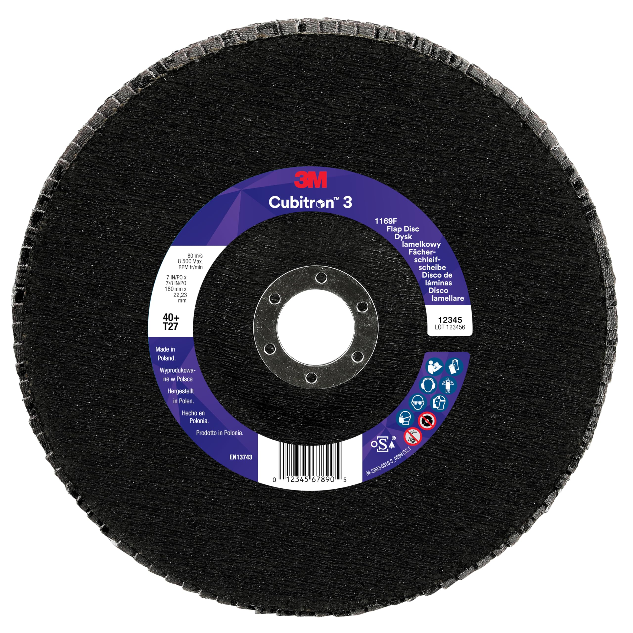 3M Cubitron 3 Flap Disc 1169F, 80+, T27-Flat, 180 mm x 22.23 mm, 5 per Package