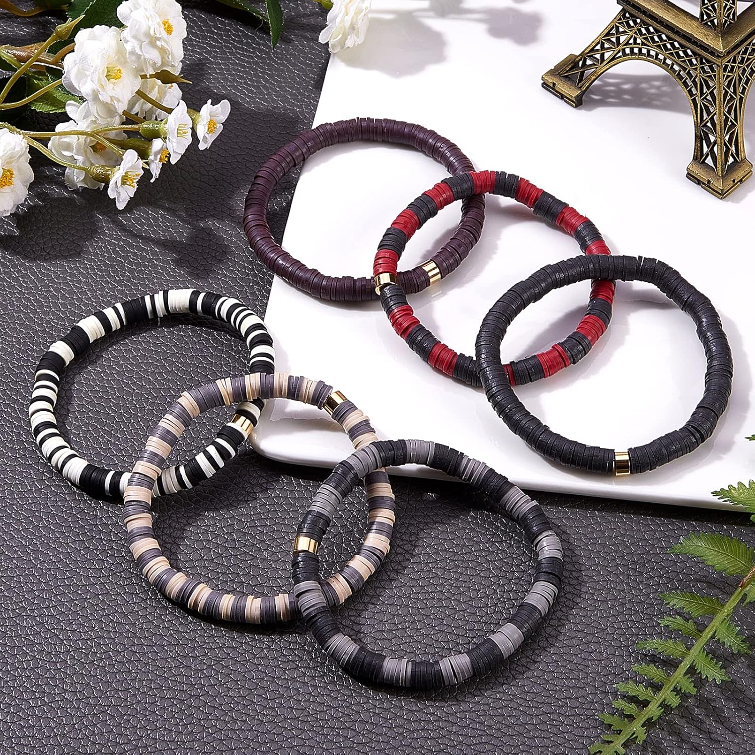 Ornaland 6 Pcs Heishi Surfer Bracelets Set Polymer Clay Heishi Beads Stretch Bracelets Bohemia Summer Beach Jewelry for Women (Black) - Image 4