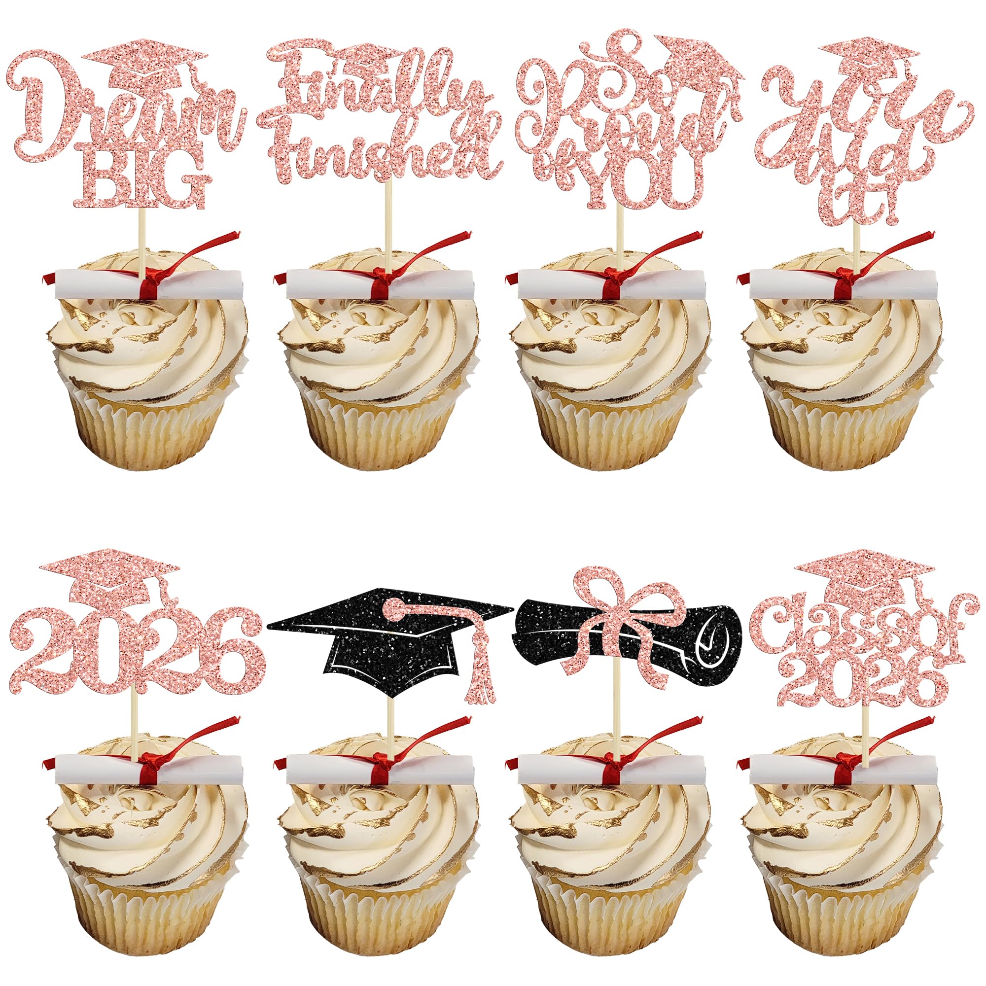 Gyufise 24Pcs 2026 Graduation Cupcake Toppers Glitter So Proud of You Class of 2026 Cake Topper Decorations for 2026 Graduation Theme Party Supplies Rose Gold