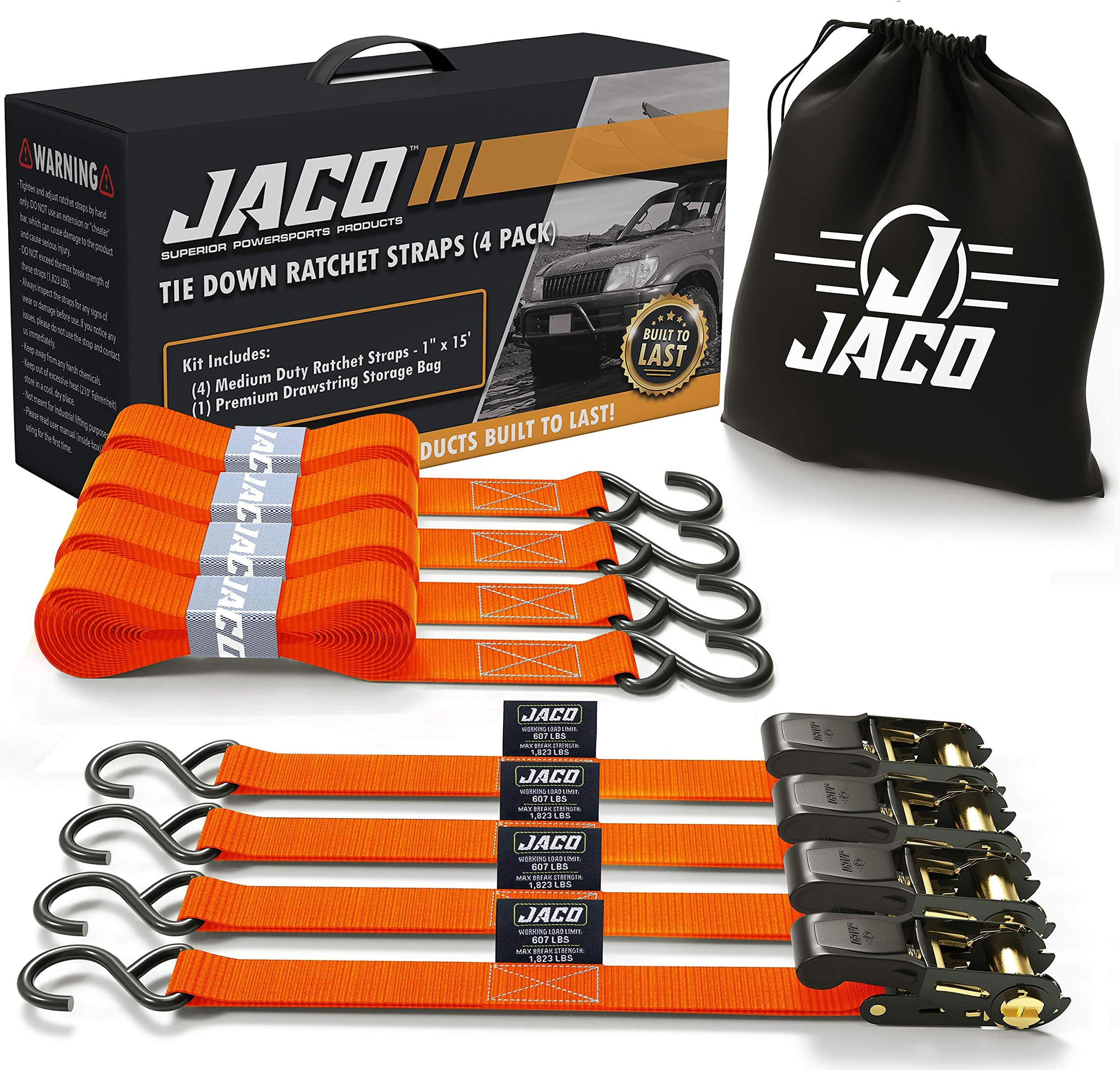 JACO Ratchet Tie Down Straps (4 Pack) - 1 in x 15 ft | AAR Certified Break Strength (1,823 lbs) | Cargo Tie Down Set with (4) Utility Ratchet Straps, (4) Bundling Straps, and Accessories (Orange)