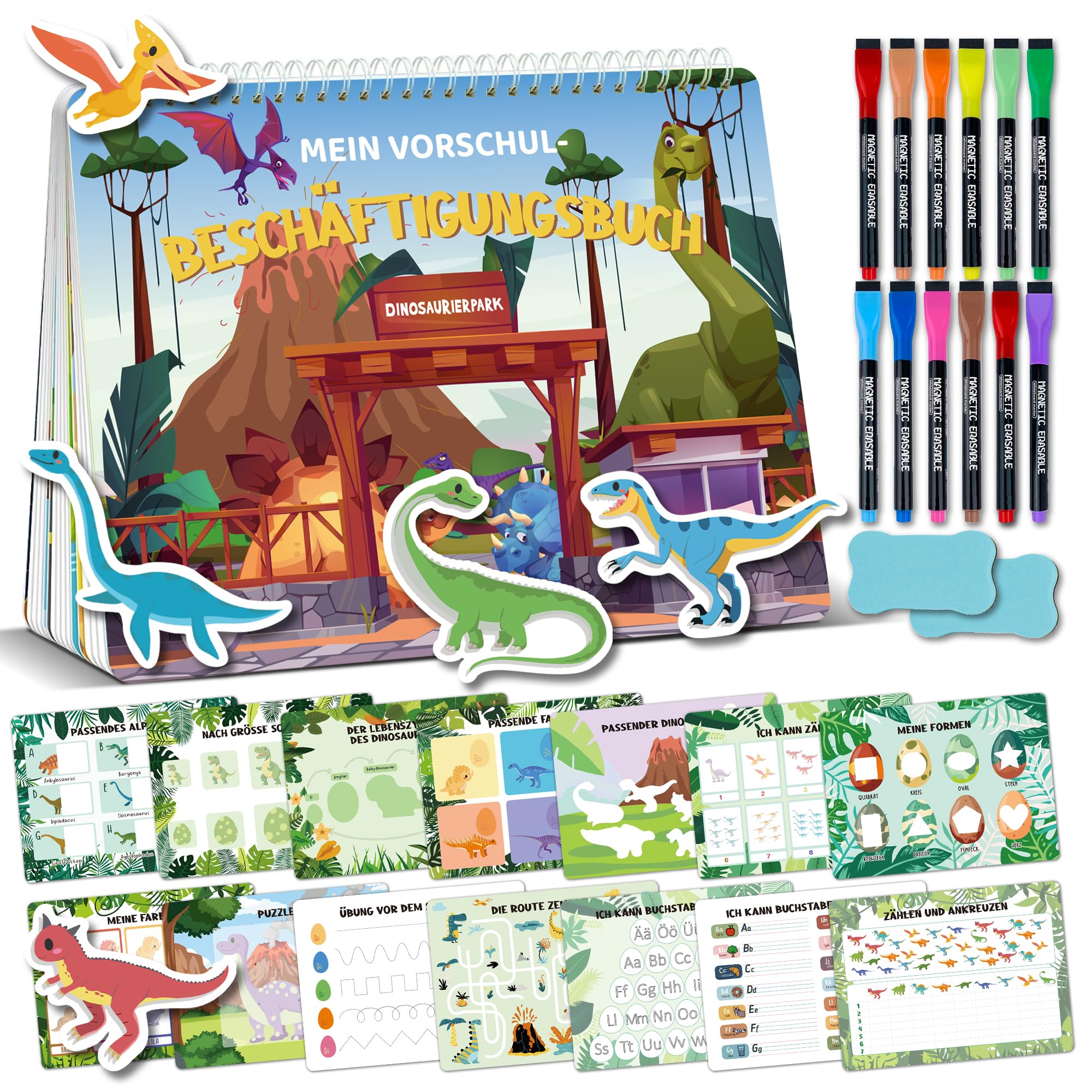 BIROYAL Montessori Book for Children from 3 4 5 Years, Busy Book Learning Book Dino with Sticker Function, Quiet Book
