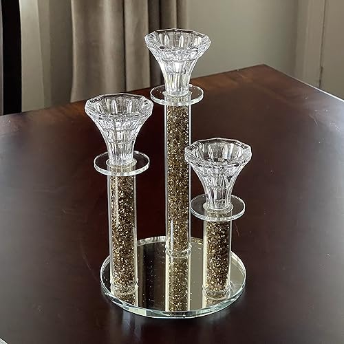 Miniatura 4 de Allgala Candelabros de cristal rellenos de 3 pilares de 9 pulgadas de alto con forma de diamante con base de espejo-dorado-HD89123