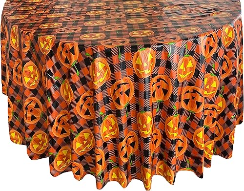 Miniatura 5 de Newbridge Mantel de vinilo de calabaza espeluznante a cuadros naranja y negro con reverso de franela, cuadrado de 52 x 52 pulgadas