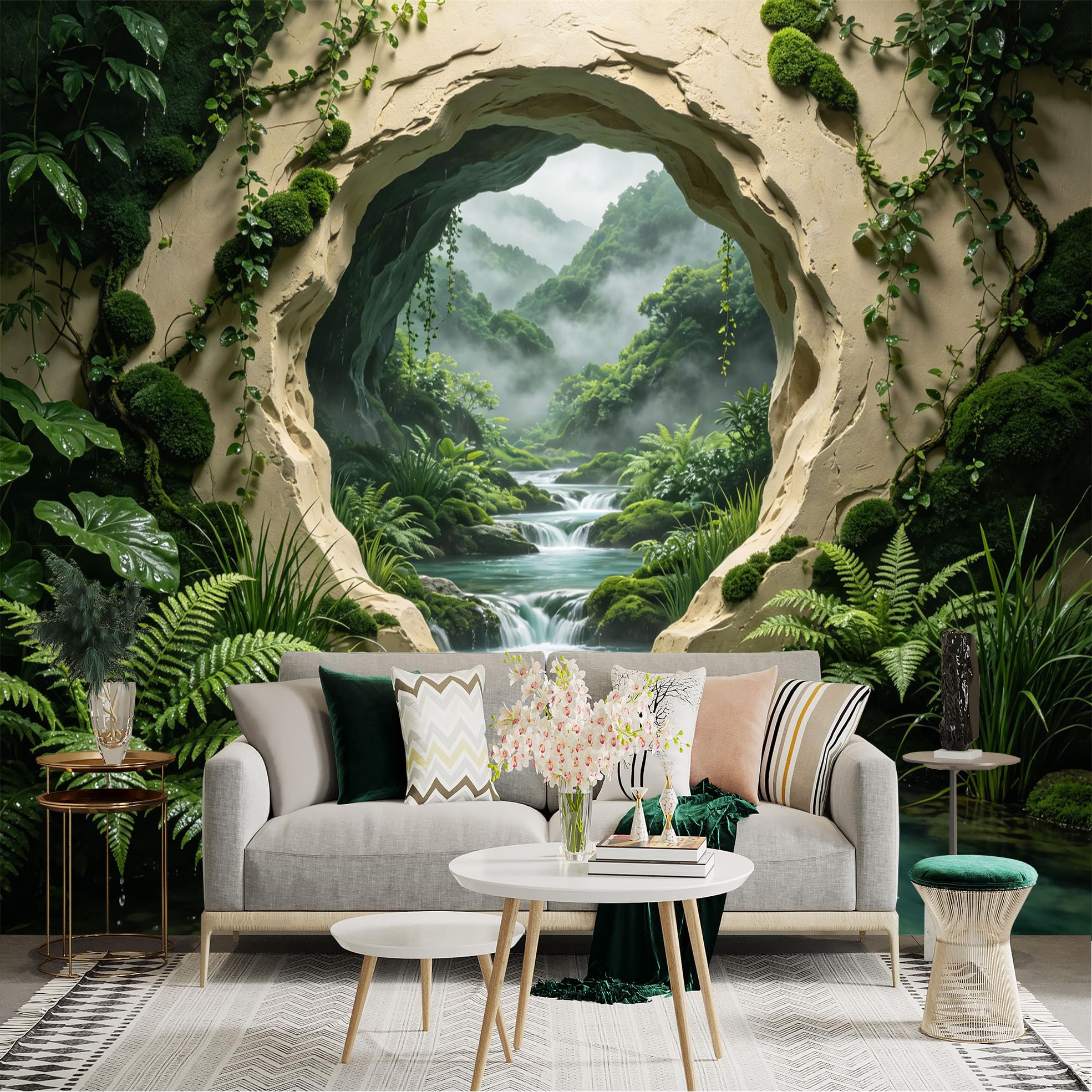Custom Size Wall Sticker Mural， Tropical Forest Waterfall Stream with Green Plants and Misty Mountains， for wall Decoration， peelandstick wall Decals.