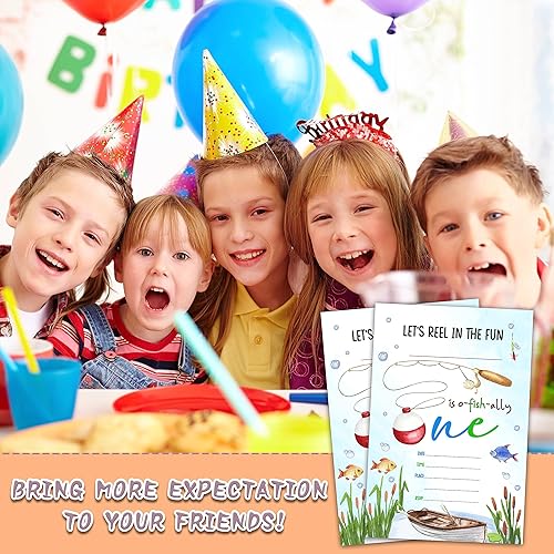 Miniatura 4 de Tarjetas de invitaciones de cumpleaños de pesca de verano, 4 x 6 pulgadas, invitaciones de primera fiesta de pescador con sobres para suministros de