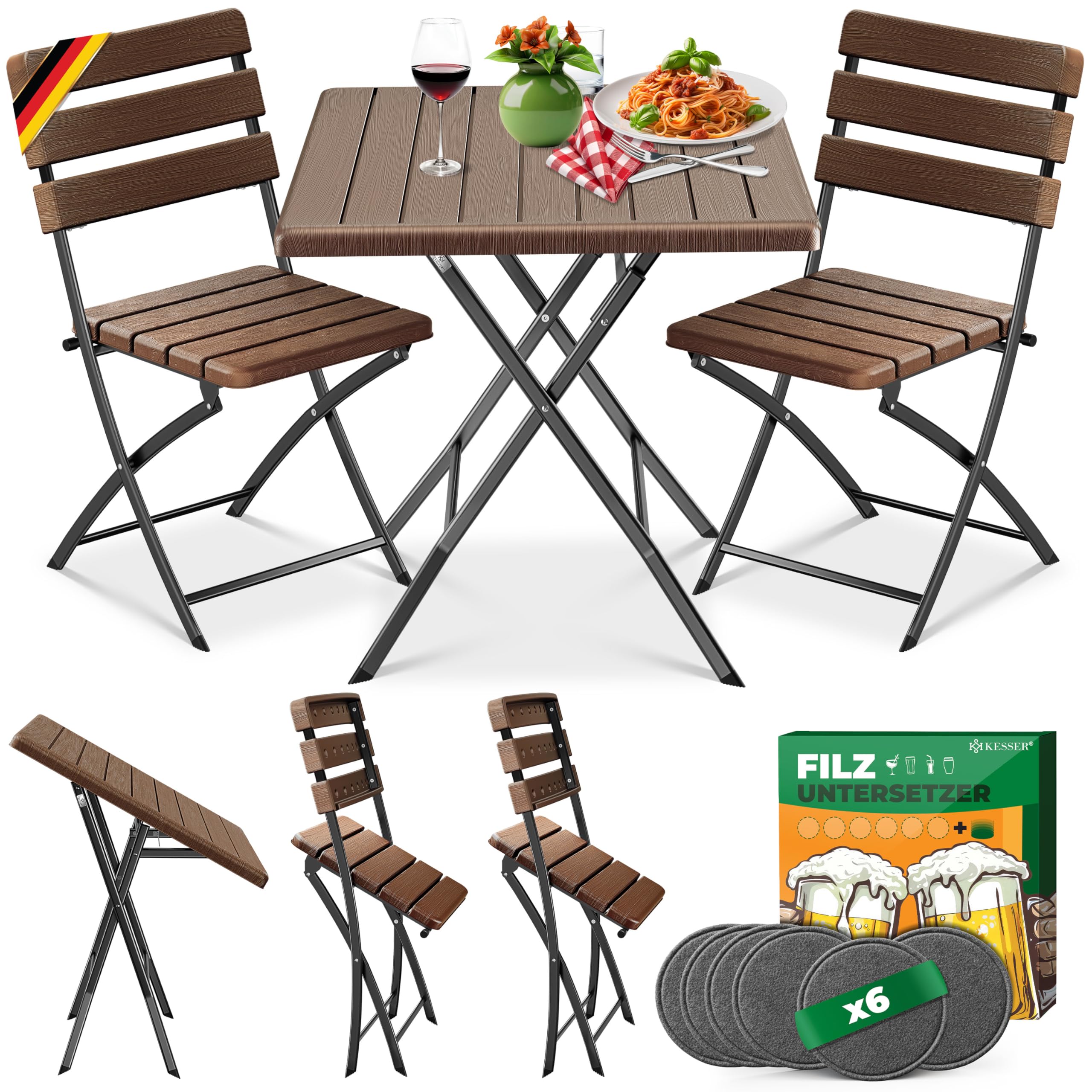 KESSER® Juego de muebles de balcón de 3 piezas con 2 sillas, resistente a la intemperie y a los rayos UV, juego de asientos plegables, acero revestido y aspecto de madera, juego de muebles de jardín