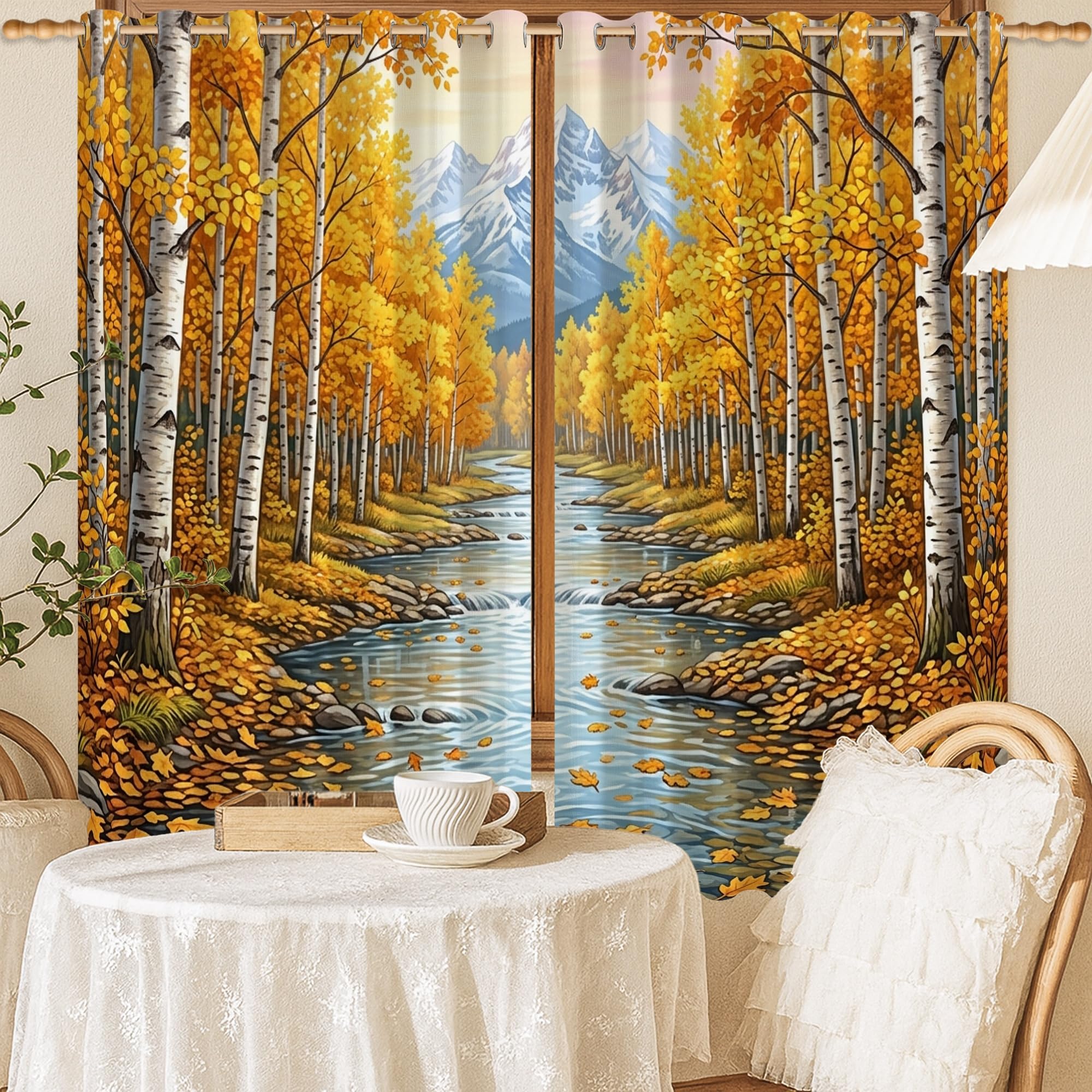 Rideaux occultants infroissables 132 x 137 cm motif bouleaux nature automne