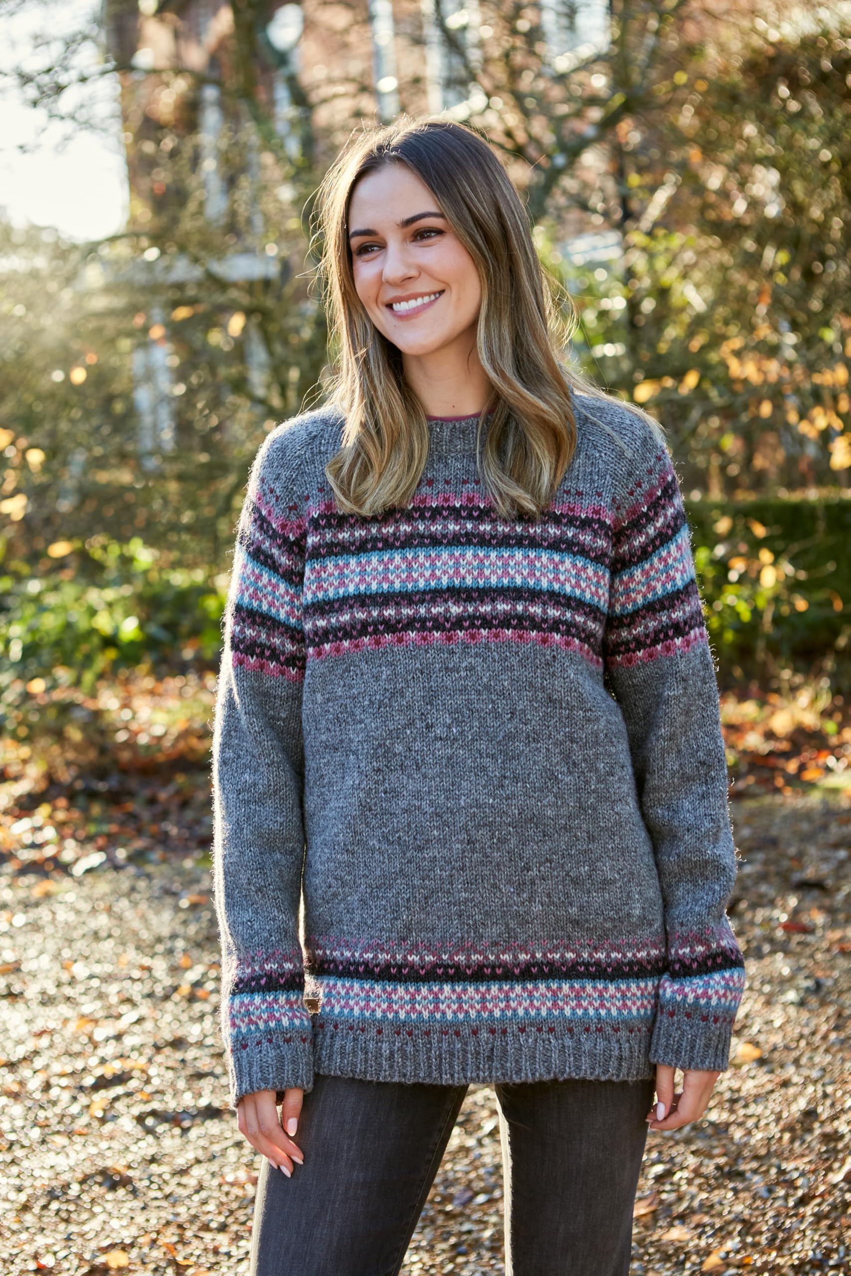 Pachamama Maglione da donna in lana fine lavorato a mano tradizionale Dales design a righe grigio multicolore fatto a mano spesso maglione caldo maglione commercio equo e solidale
