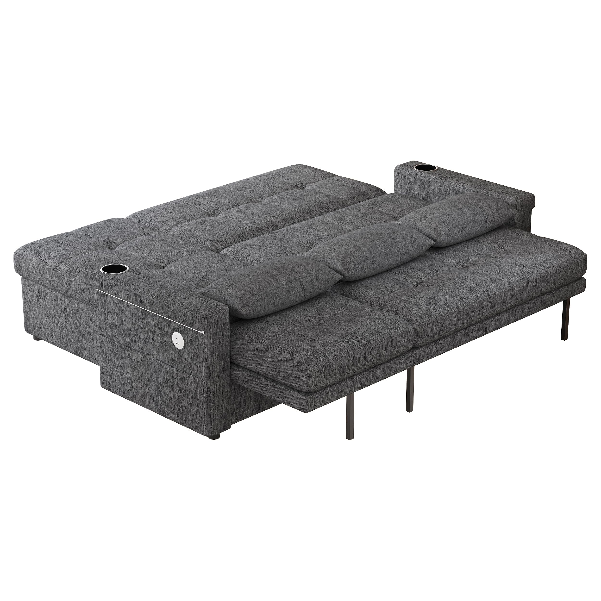 Sofá en forma de L, convertible en sofá cama con función de dormir, iluminación LED y puertos USB, respaldo ajustable con cojines y bandeja para bebidas, espacio de almacenamiento, chenilla