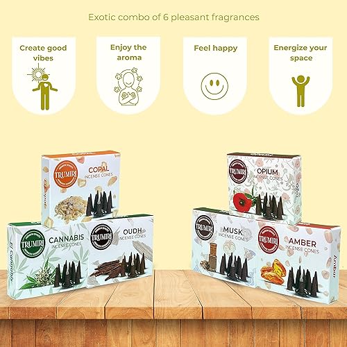 Miniatura 5 de Trumiri Conos de incienso exóticos, paquete variado, total de 60 conos de incienso (6 aromas x 10 conos) - Copal, Oud, almizcle, ámbar - aromas de