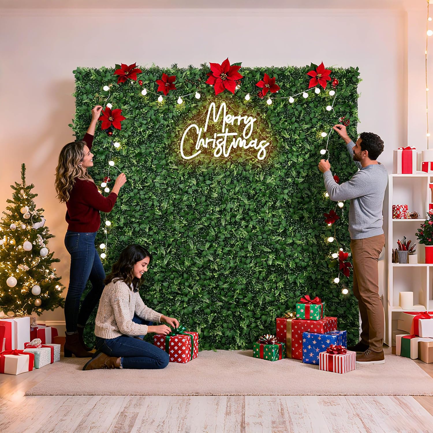 Artificial Flower Wall 8x8ft Green Grass Backdrop for Wedding, Baby Shower, Party, Birthday & Home Decor, Easy & Quick Assembly (Greenery)