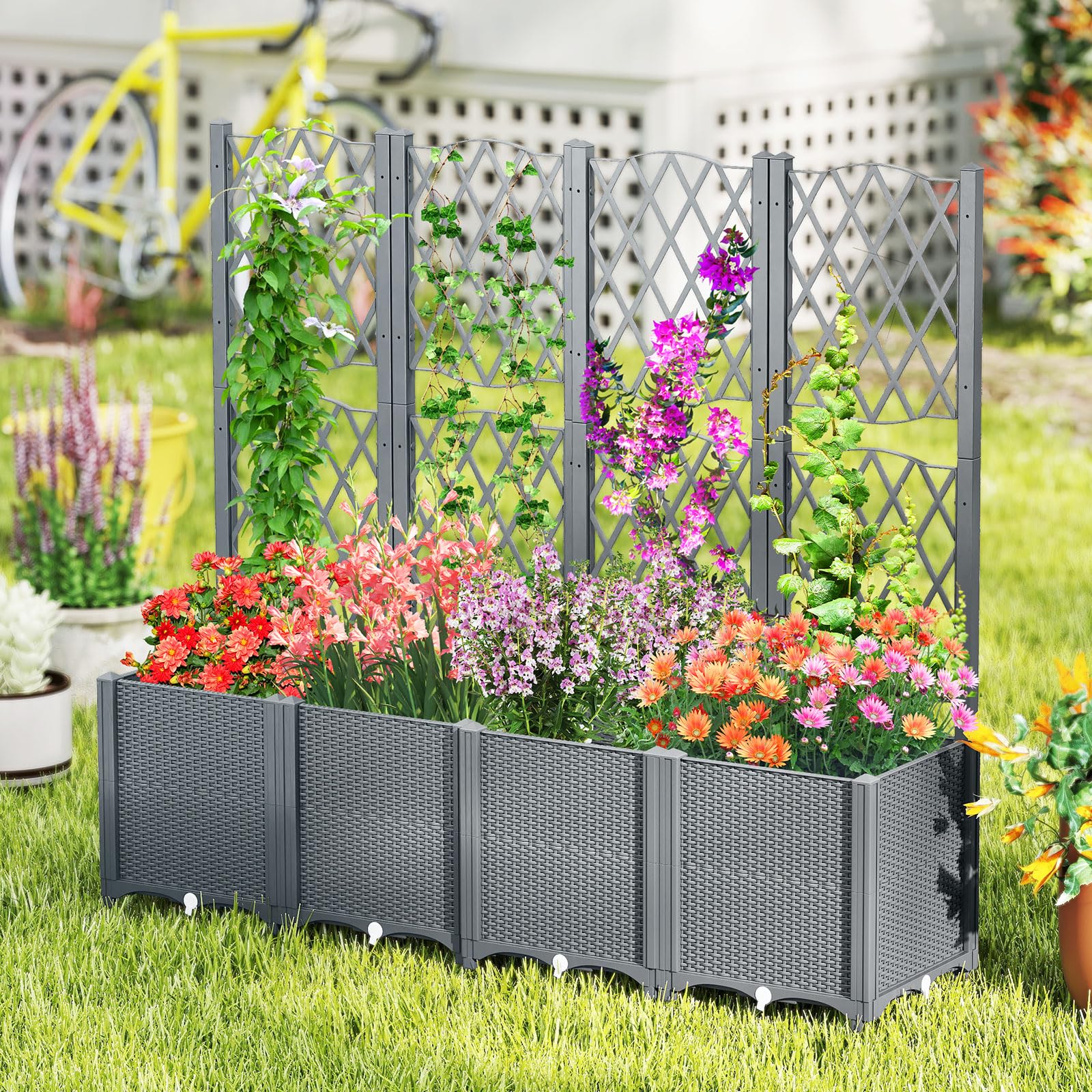 COSTWAY Letto da Giardino Elevato con Trellis a Lattice, Fioriera Autoinnaffiata per Piante Rampicanti, Fiori e Verdure, Fioriera Verticale da Interni e Esterni (Grigio,80 x 40 x 140 cm)