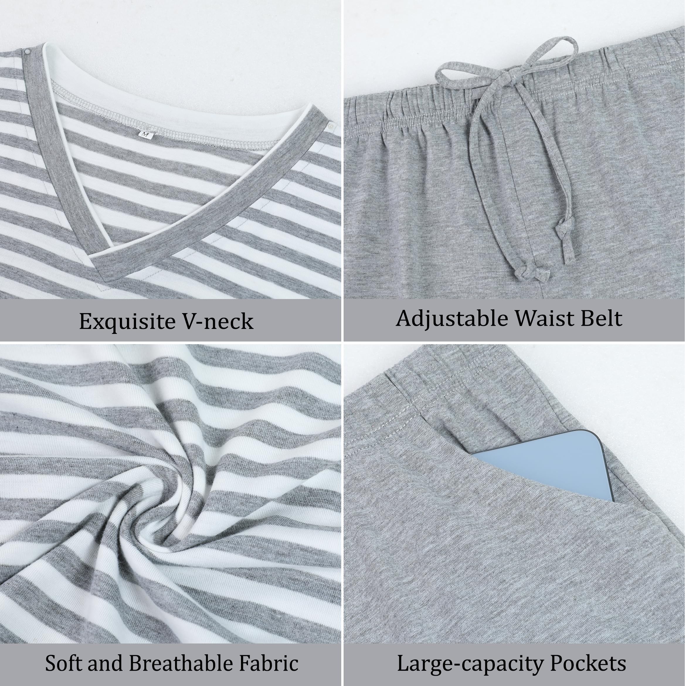 Verano Conjunto de Pijama Hombre Ropa de Dormir de Algodón Camisetas de Pijama a Rayas de Manga Corta y Pantalones Cortos para Dormir con Bolsillos