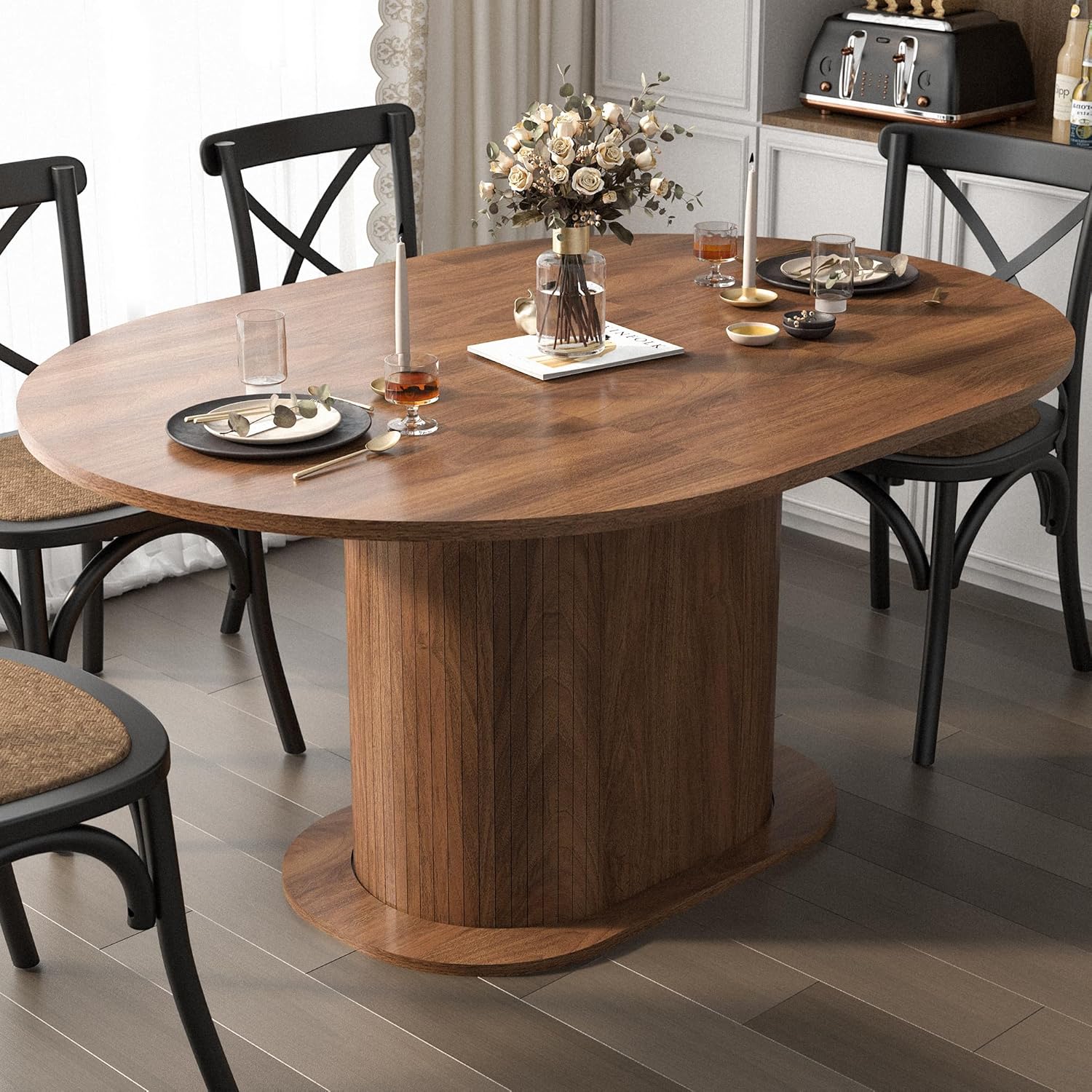 PatioPerk Round Extendable Dining Table for 4-8 People, 39.37'' to 55.12'' Expandable Wood Dining Table with Removable Leaf, Space Saving Modern Kitchen Table with Pedestal Base, Walnut