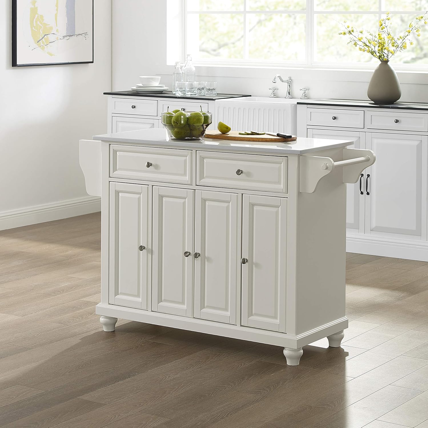 Crosley Furniture Cambridge Stone Top Rolling Kitchen Island Storage Cart, Microwave Stand, Spice Rack, White