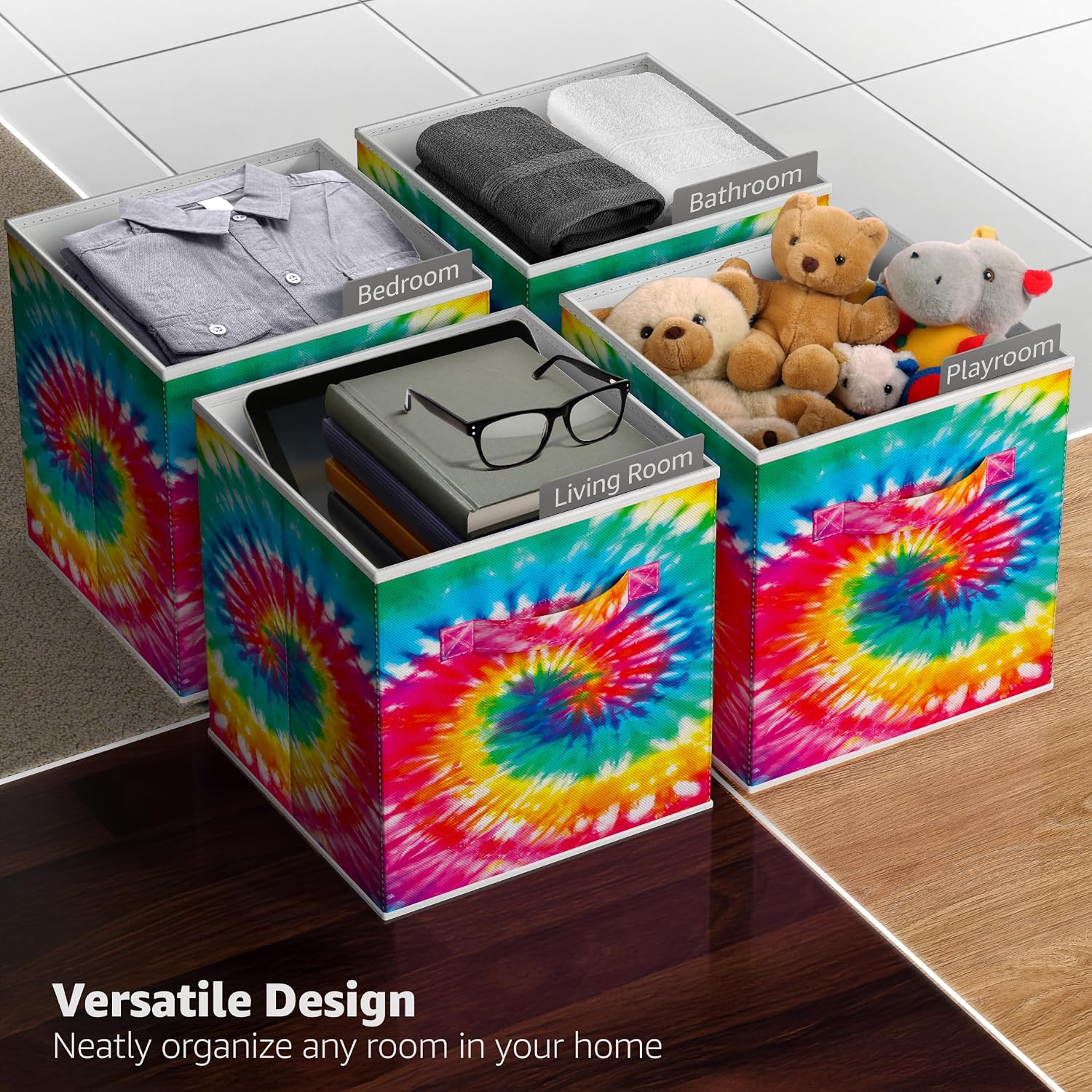 Sorbus Fabric Storage Cubes - 6 Foldable Tie Dye Storage Bins for Organizing Cubbies, Toy Box - Clothes Storage & Closet Organizer - 11 Inch Collapsible Cube Baskets for Shelves with Handle