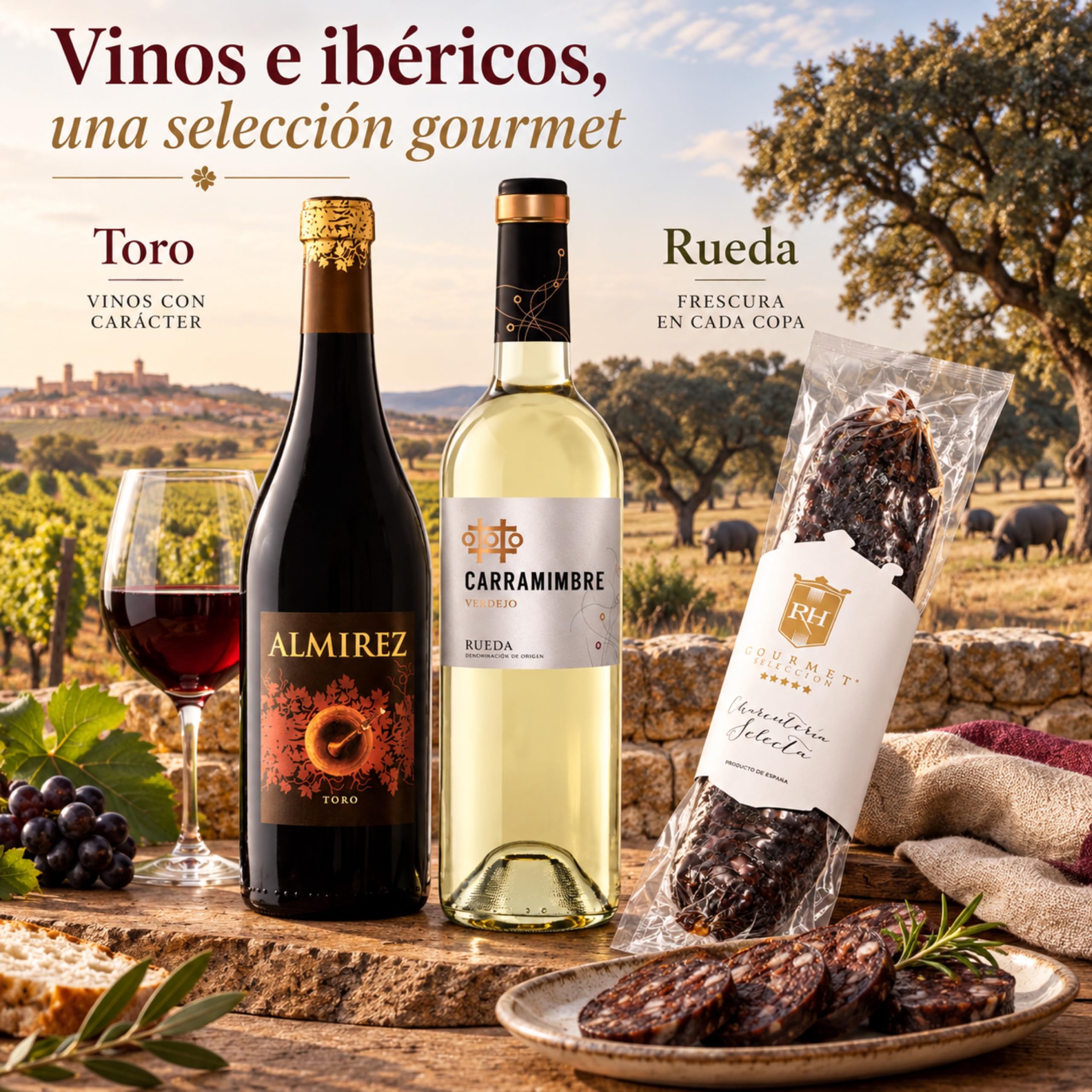 Cesta gourmet Navidad Almirez y Carramimbre Verdejo con morcilla ibérica gourmet 400 g RH Gourmet, pack de 2 botellas 75 cl