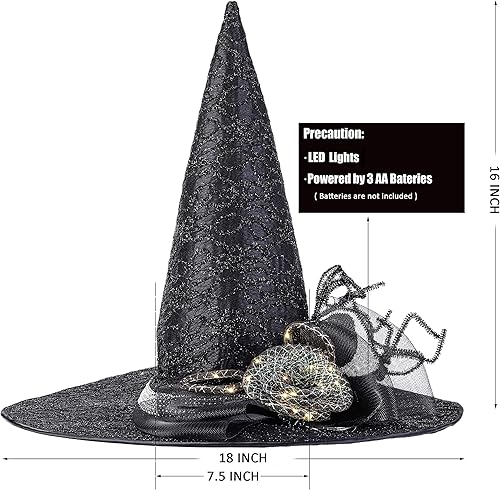 Miniatura 2 de QinYing - Sombreros de bruja para Halloween para fiesta de Halloween, carnavales, decoración de bruja con luces con araña