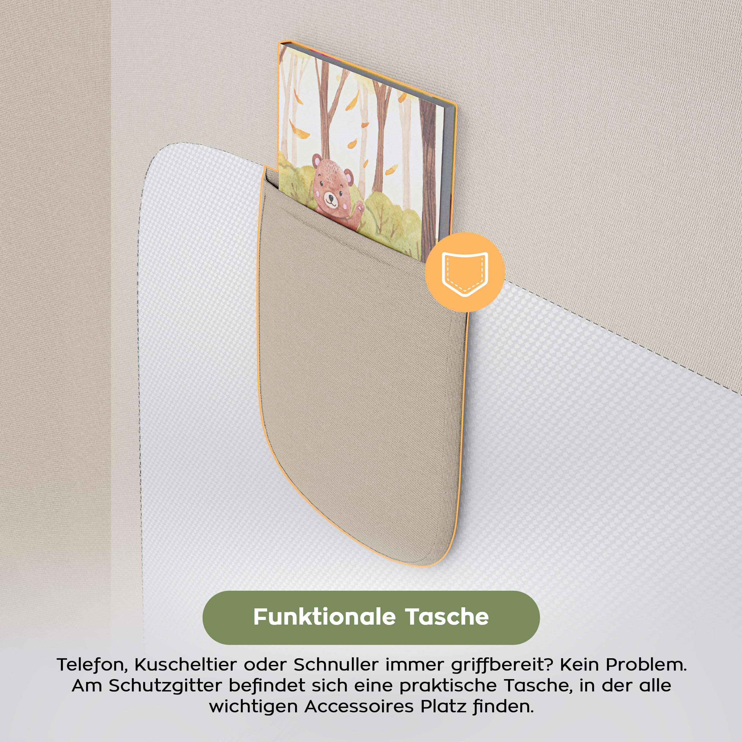 TULANO Cover 48 Bettgitter Kinderbett - Sicherheitsgitter Absenkfunktion | 18-Fach höhenverstellbar - Bettschutzgitter 180 cm - Rausfallschutz für Standardbetten - Für Matratzen 10–28 cm - Beige