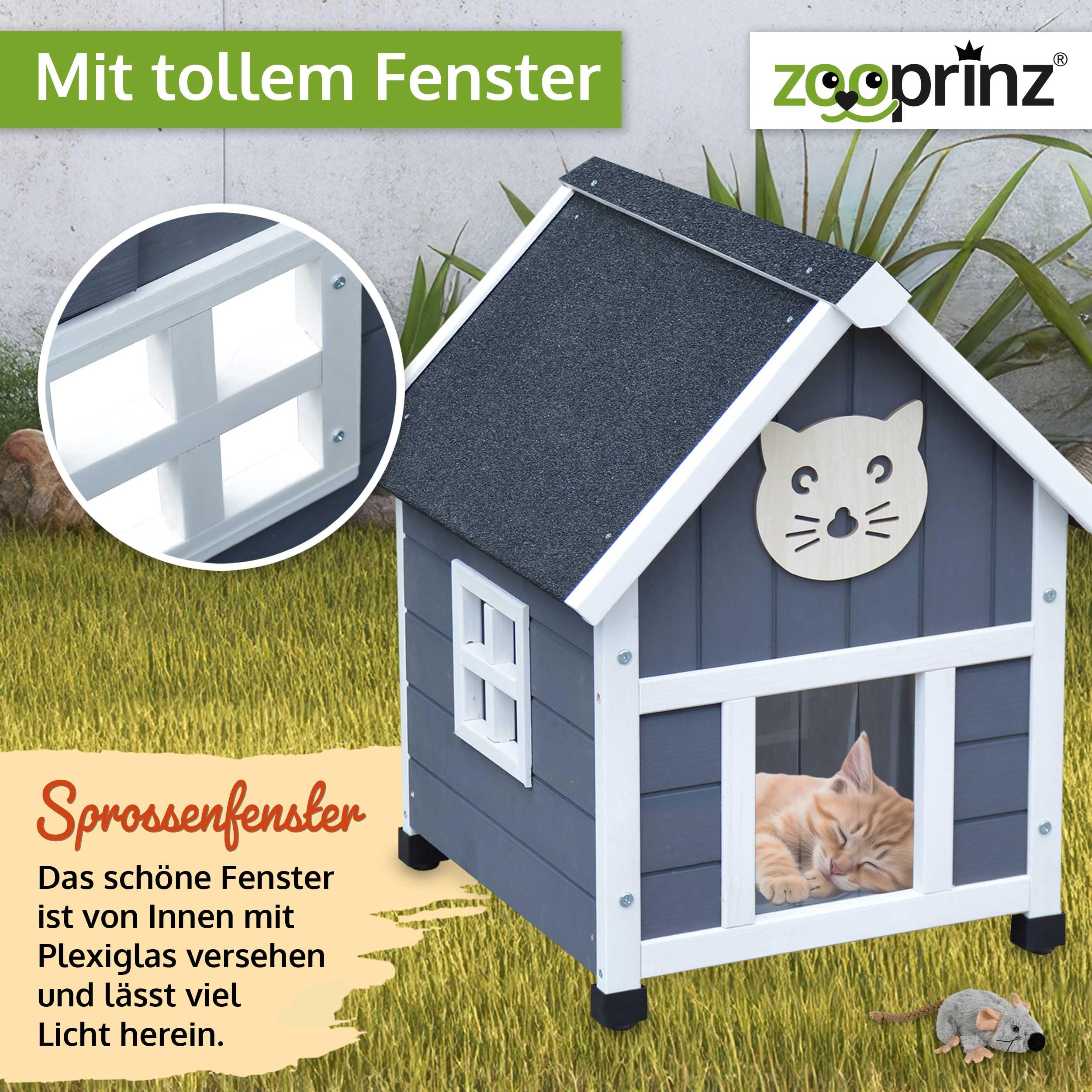 zooprinz Holz Katzenhaus – Katzenhütte im Skandi-Look, Grau-Weiß