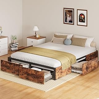 LIKIMIO Queen Bed Frame with Storage, 4 Drawers and Heavy Strong Metal Support Frames, Solid Stable, Noise-Free, No Box Spring Needed, Easy Assembly, Vintage Brown