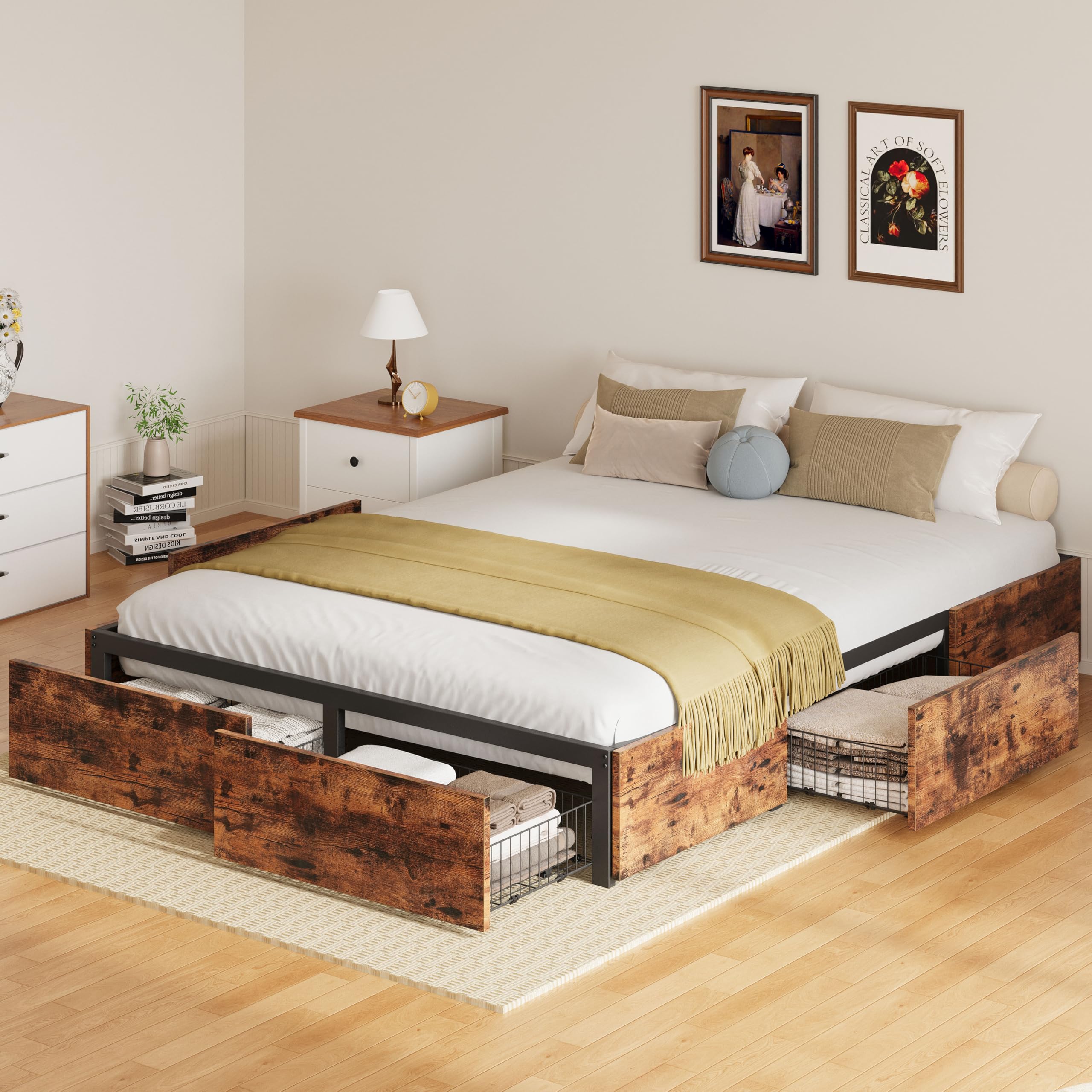 LIKIMIO Queen Bed Frame with Storage, 4 Drawers and Heavy Strong Metal Support Frames, Solid Stable, Noise-Free, No Box Spring Needed, Easy Assembly, Vintage Brown