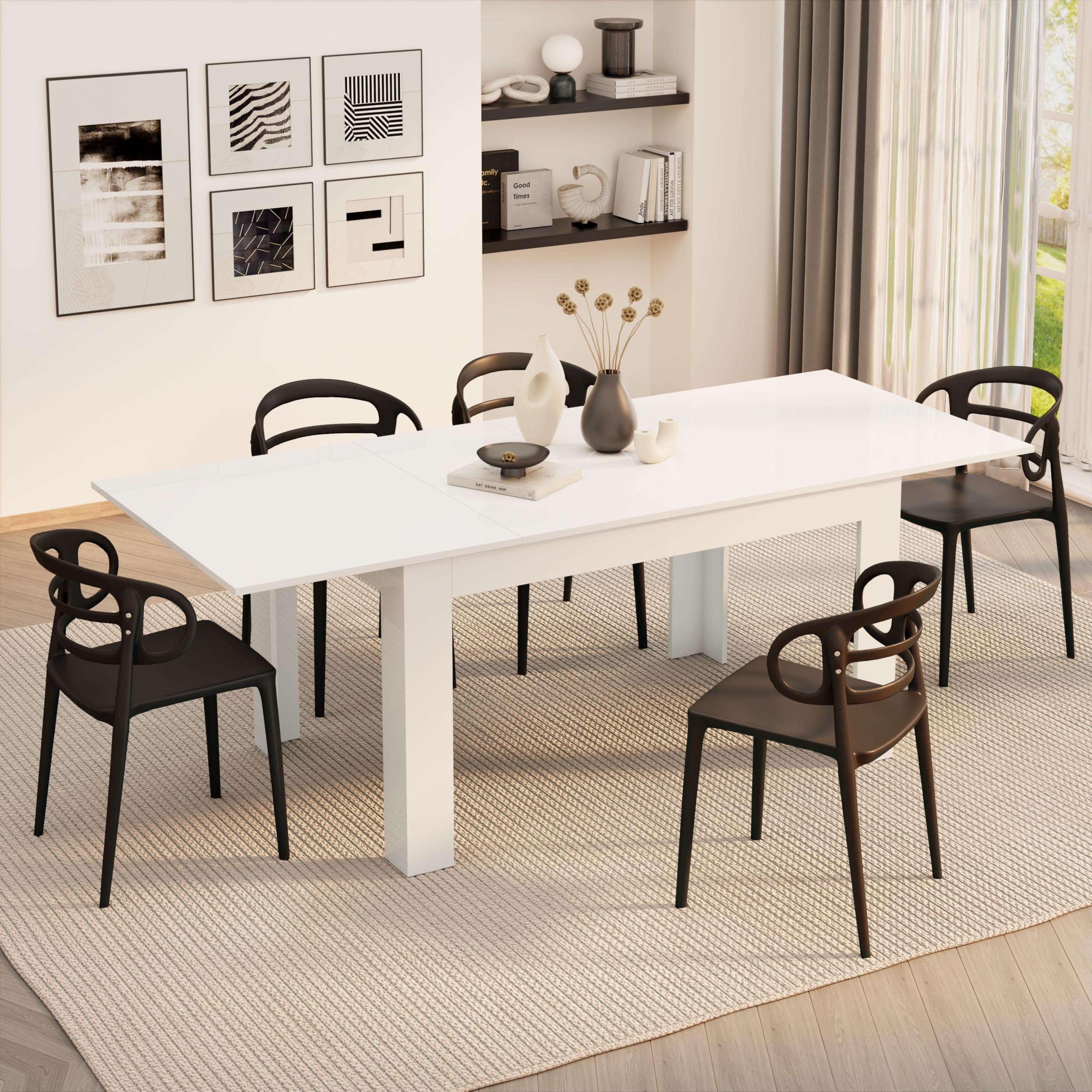 Mobili Fiver, Easy, Extendable Dining Table, 55.1(86.6) x35.4 in, High Gloss White, for 6-8 People, Expandable Dining Table for Kitchen, Italian Furniture
