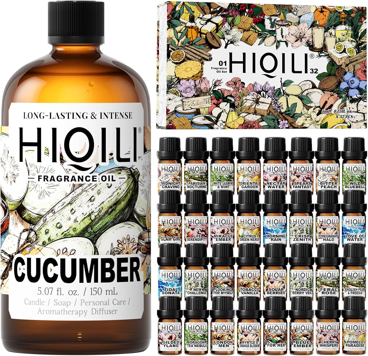 HIQILI 150ML Cucumber Fragrance Oil & 5ML*32 Fragrance Oil Gift Set, for DIY, Diffuser