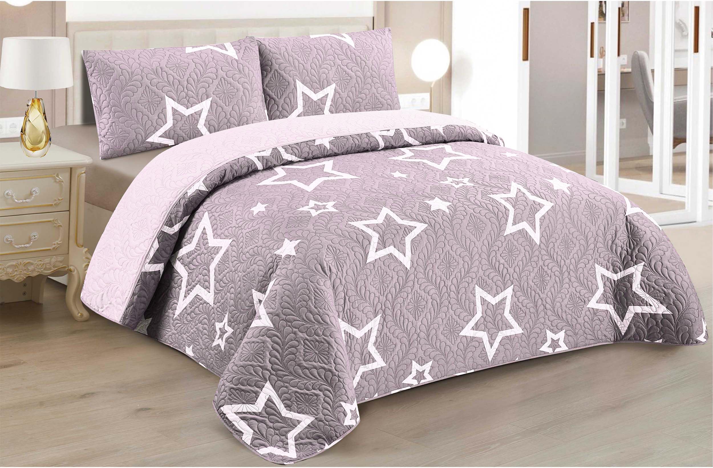 Colcha Boutis para Primavera y Verano Bicolor Reversible Estampado Estrella + 1 Funda Cojin 50x70 cm - Colcha Ligera Fina Entretiempo (Cama 90, 180x260cm)