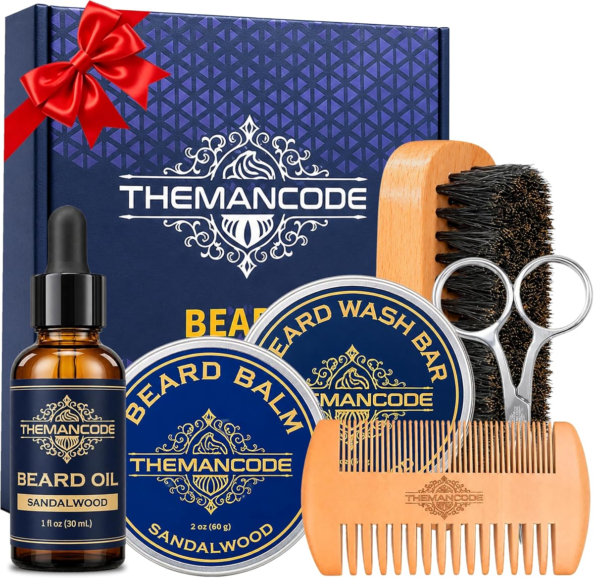 THEMANCODE Kit de cuidado de barba para hombres, juego de sándalo, regalo para hombres | Kit para el cuidado de la barba con aceite, bálsamo, barra de lavado, cepillo, peine y tijeras, regalos de cumpleaños o Navidad para papá, esposo o novio