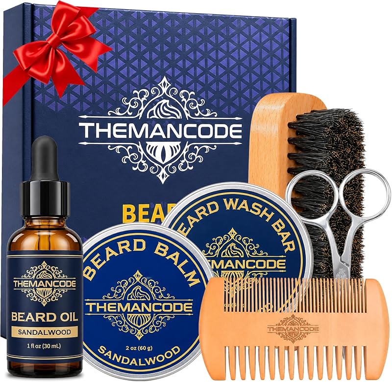 THEMANCODE Kit de cuidado de barba para hombres, juego de sándalo, regalo para hombres | Kit para el cuidado de la barba con aceite, bálsamo, barra de lavado, cepillo, peine y tijeras, regalos de cumpleaños o Navidad para papá, esposo o novio
