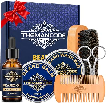 THEMANCODE Beard Grooming Kit for Men, Fathers Day Gift for Dad and Husband, Sandalwood Beard Care Kit with Oil, Balm, Wash Bar, Brush, Comb and Scissors