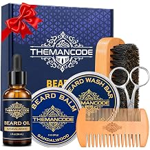 THEMANCODE Beard Grooming Kit for Men, Fathers Day Gift for Dad and Husband, Sandalwood Beard Care Kit with Oil, Balm, Wash Bar, Brush, Comb and Scissors