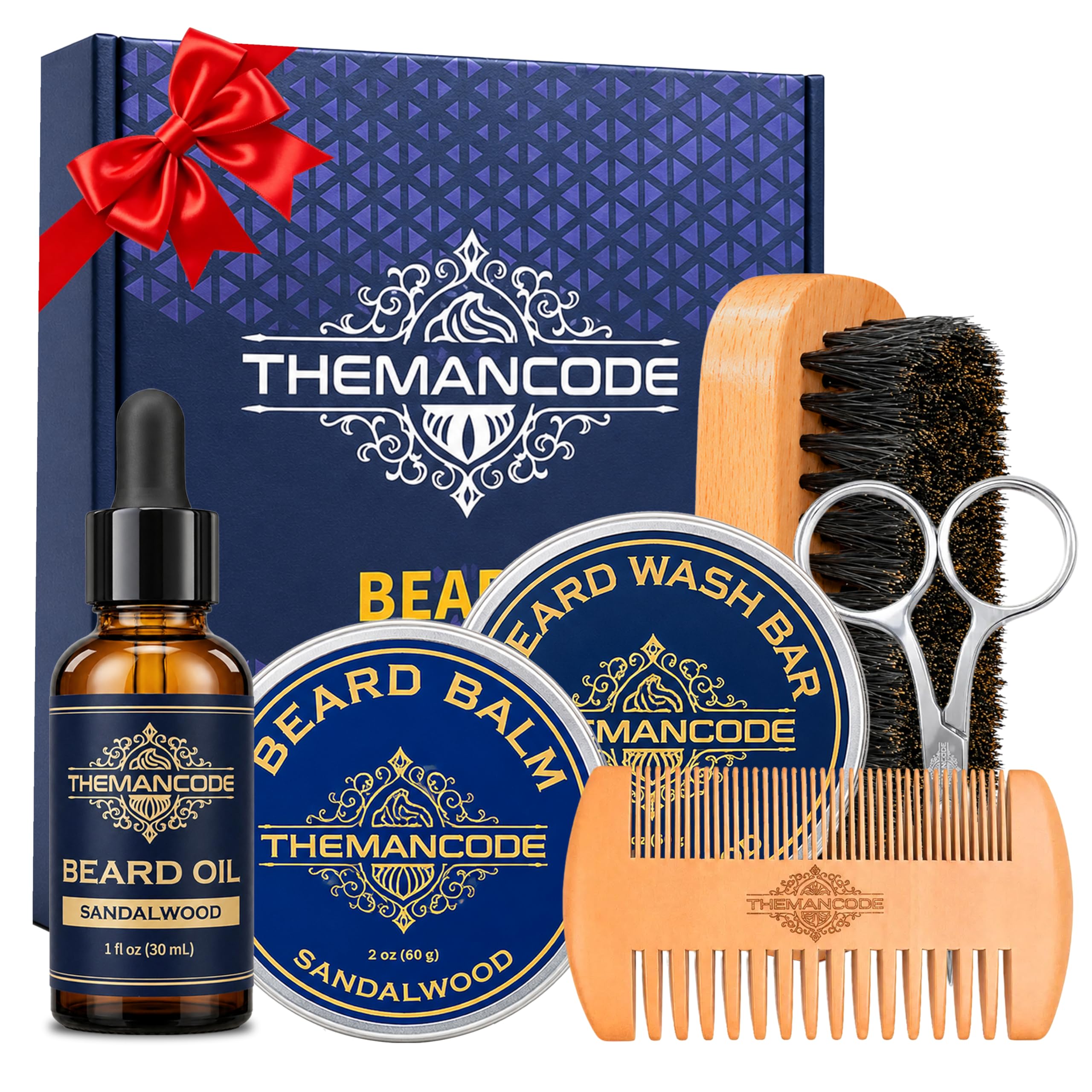 THEMANCODE Beard Grooming Kit for Men, Sandalwood Set, Gift for Men | Beard Care Kit with Oil, Balm, Wash Bar, Brush, Comb and Scissors, Birthday or Christmas gifts for dad, husband or boyfriend