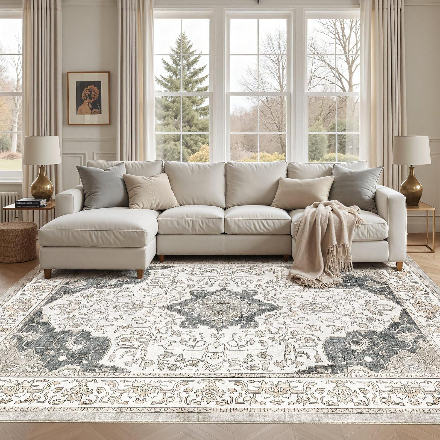 5x7 Area Rugs Large Washable Rugs for Living Room Soft Non-Slip Backing Stain Resistant Carpet for Bedroom Dining Room Vintage Rugs for Home Decor 5x7 Light Brown