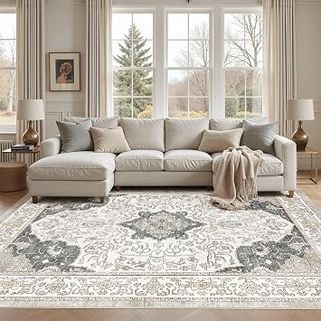 cotiled 5x7 Area Rug Machine Washable Vintage Carpet for Living Room Bedroom Soft Non-Slip Backing Floor Mat Kid & Pet Friendly Stain Resistant Light Brown