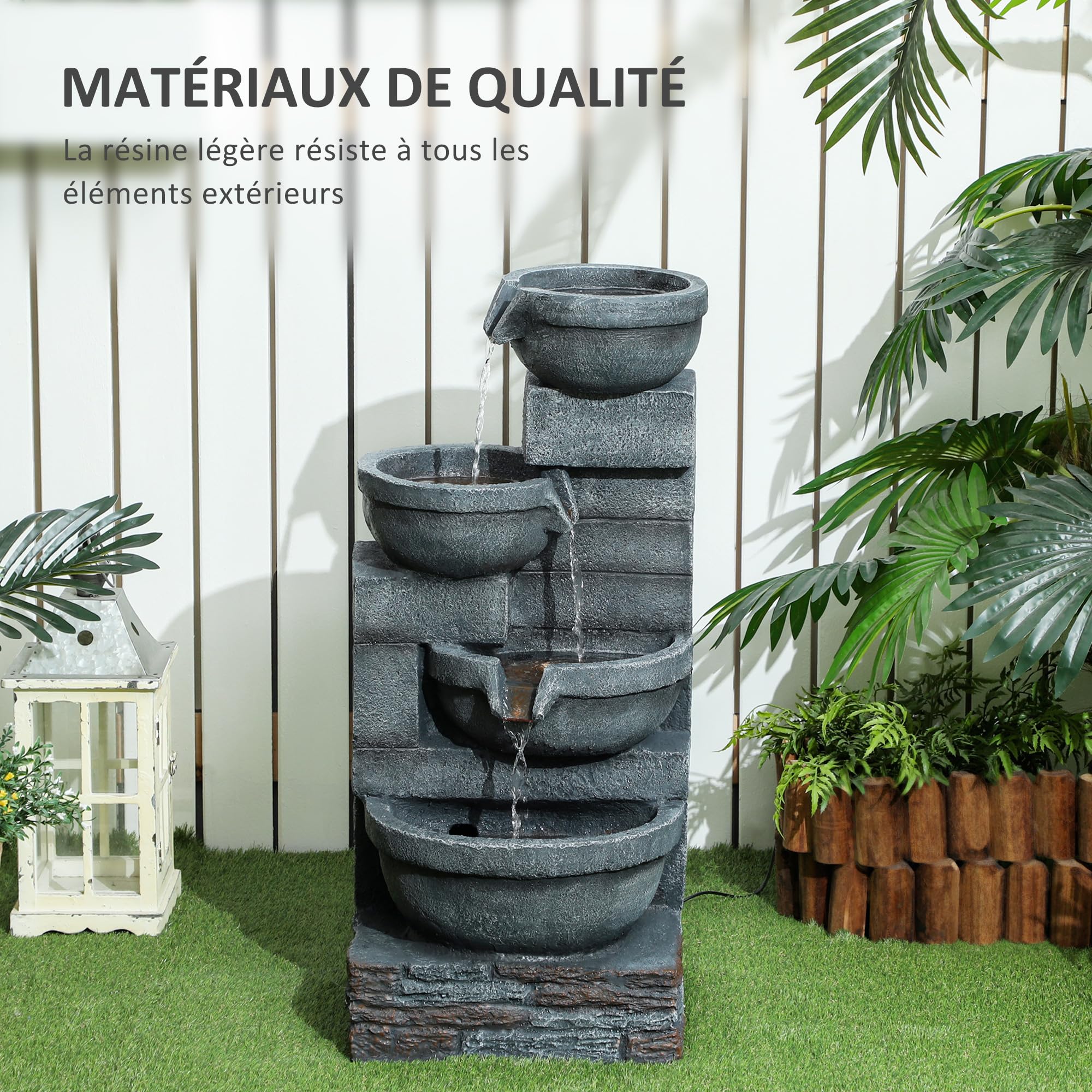 Outsunny Fontaine extérieure de Jardin, Fontaine en Cascade avec éclairage LED, décoration Jardin extérieure en résine à 4 Niveaux, Pompe Inclus, 38 x 35 x 78,5 cm, Gris