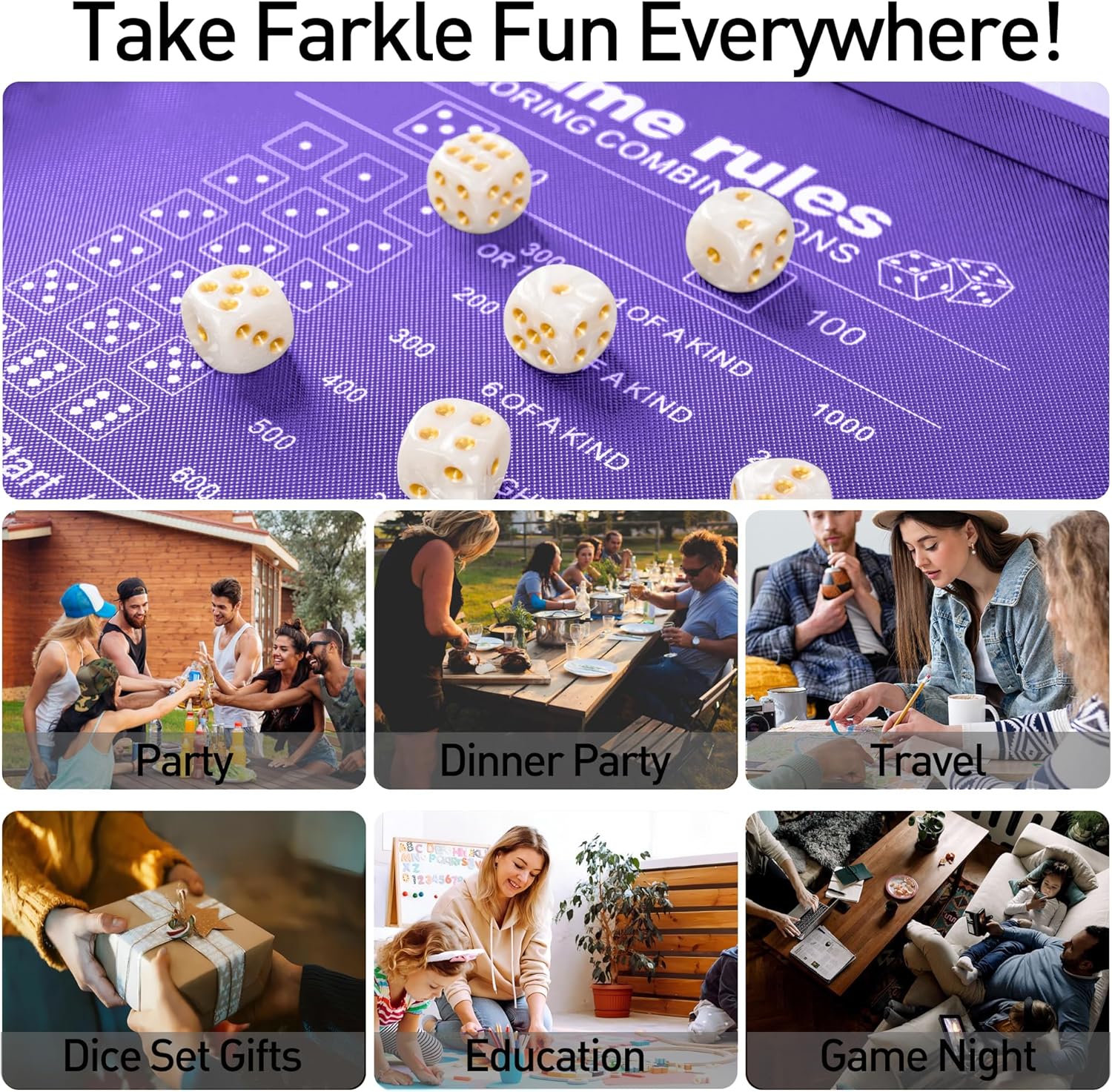 Classic Dice Game Sets - Dry Erase Score Board, Pearl Dice, Score Sheet Pads, Pen, Easy to Follow Printed Rules for Adults, Farkle Board Games for Travel, Party, and Family Night - Purple