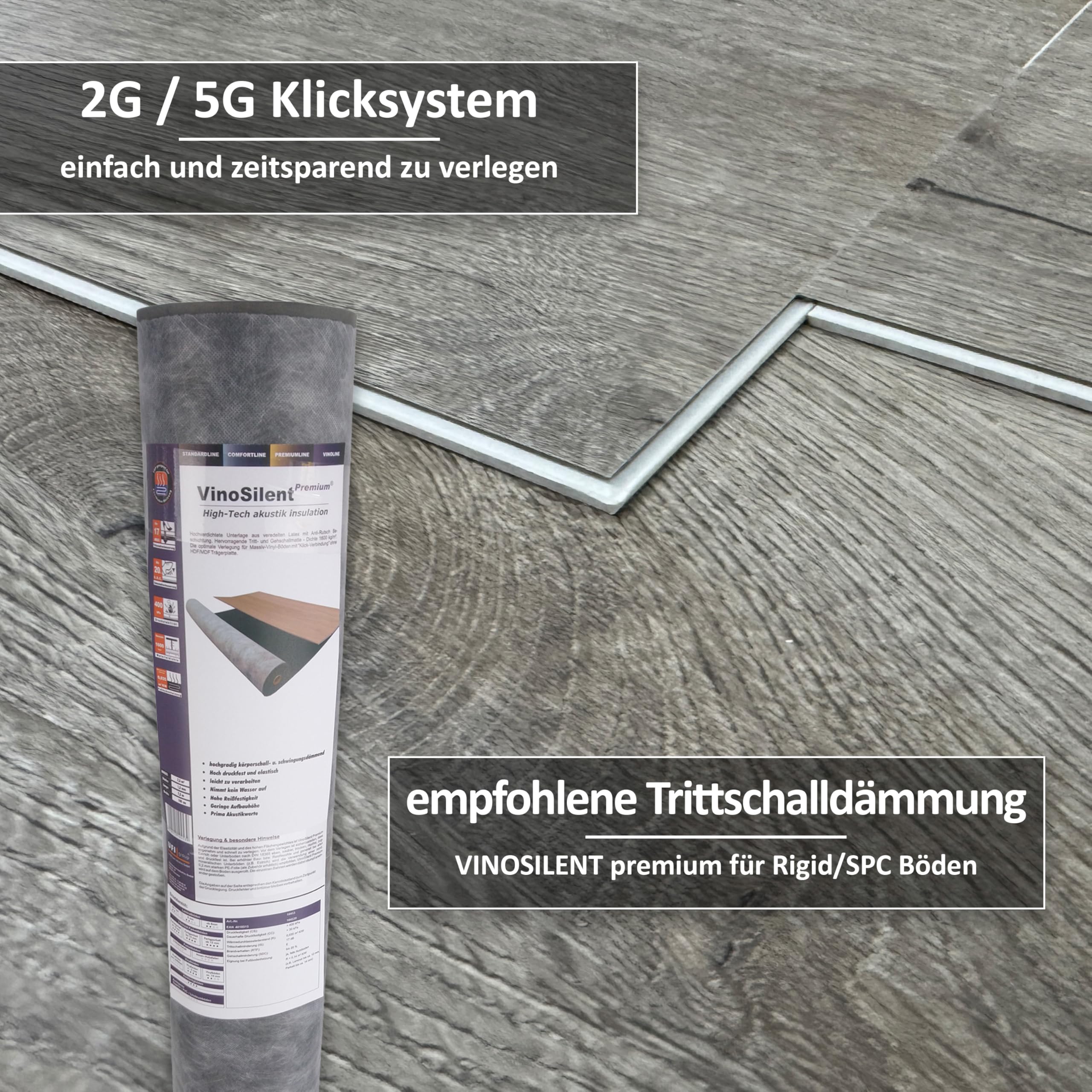 TRECOR Klick - Suelo de vinilo RIGID-SPC de diseño, tablón macizo de 5,0 mm de grosor, con capa de desgaste de 0,50 mm, resistente al agua, (roble Prestige gris, 1 m² | suelo de vinilo)