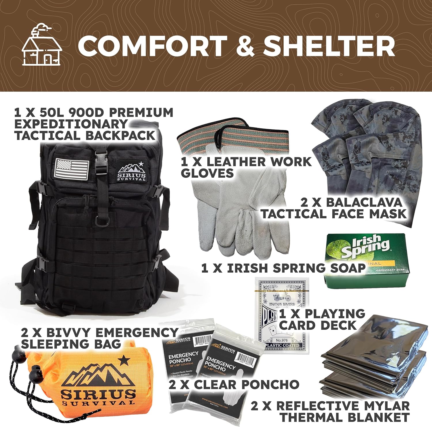 Sirius: Pre-Packed Bug Out Bag - 72 Hour Kit for 2 People - Bugout Backpack Survival Kit - Premium 50L Go Bag Tactical Backpack - Essential Bug Out Gear - Upgraded Survival Backpack