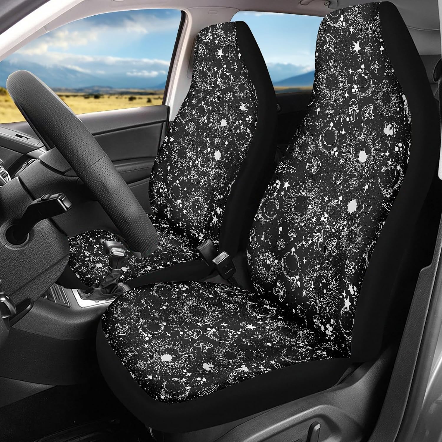 Moon Stars Mushroom Black Car Seat Cover Front Seats Only,Universal Fit for Most Cars,SUV,Sedan,Truck or Van