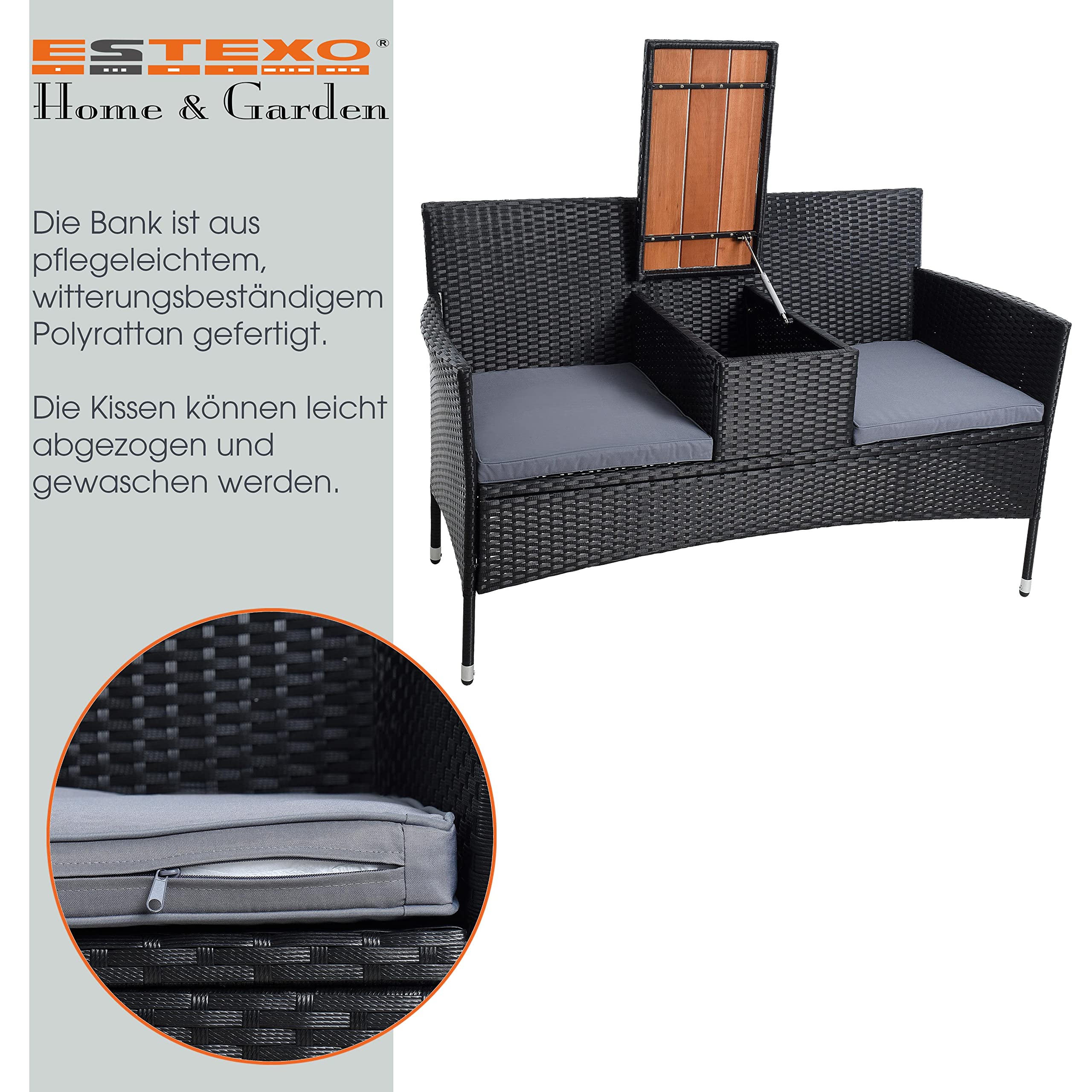ESTEXO Polyrattan Gartenbank Bank Sitzbank 2-Sitzer Rattan Gartenmöbel Set Gartenset Balkonmöbel Sitzgarnitur Schwarz