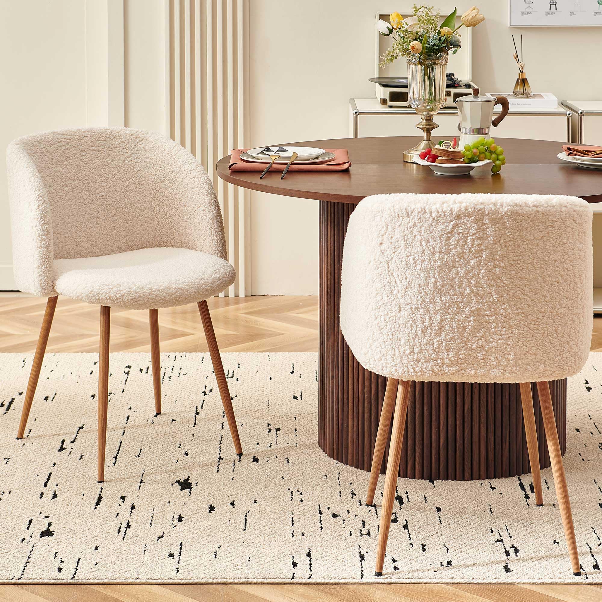somedream Set of 2 Dining Chairs - Sherpa Kitchen Chairs with Wood Grain Metal Leg for Kitchen, Bedroom, Living Room - Modern White Dining Chairs Set