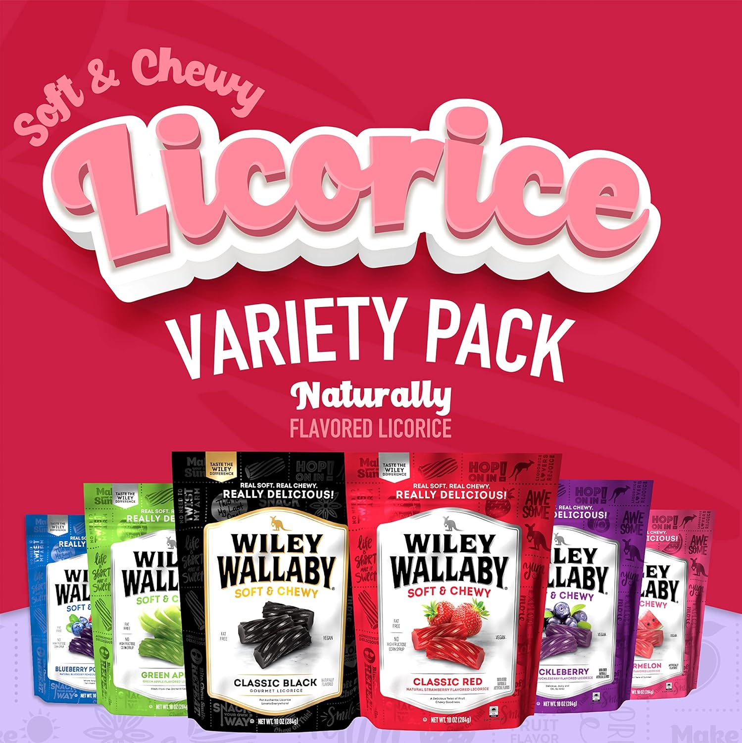Wiley Wallaby Licorice 10 Ounce Classic Gourmet Australian Style Soft & Chewy Licorice Candy Variety Pack Twists, 6 Pack