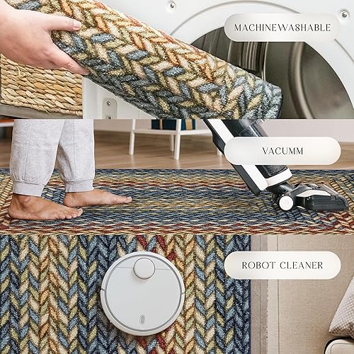 Miniatura 9 de Maples Rugs Marion - Alfombra de pasillo con diseño trenzado bohemio, fabricada en Estados Unidos, lavable, antideslizante, para interiores,