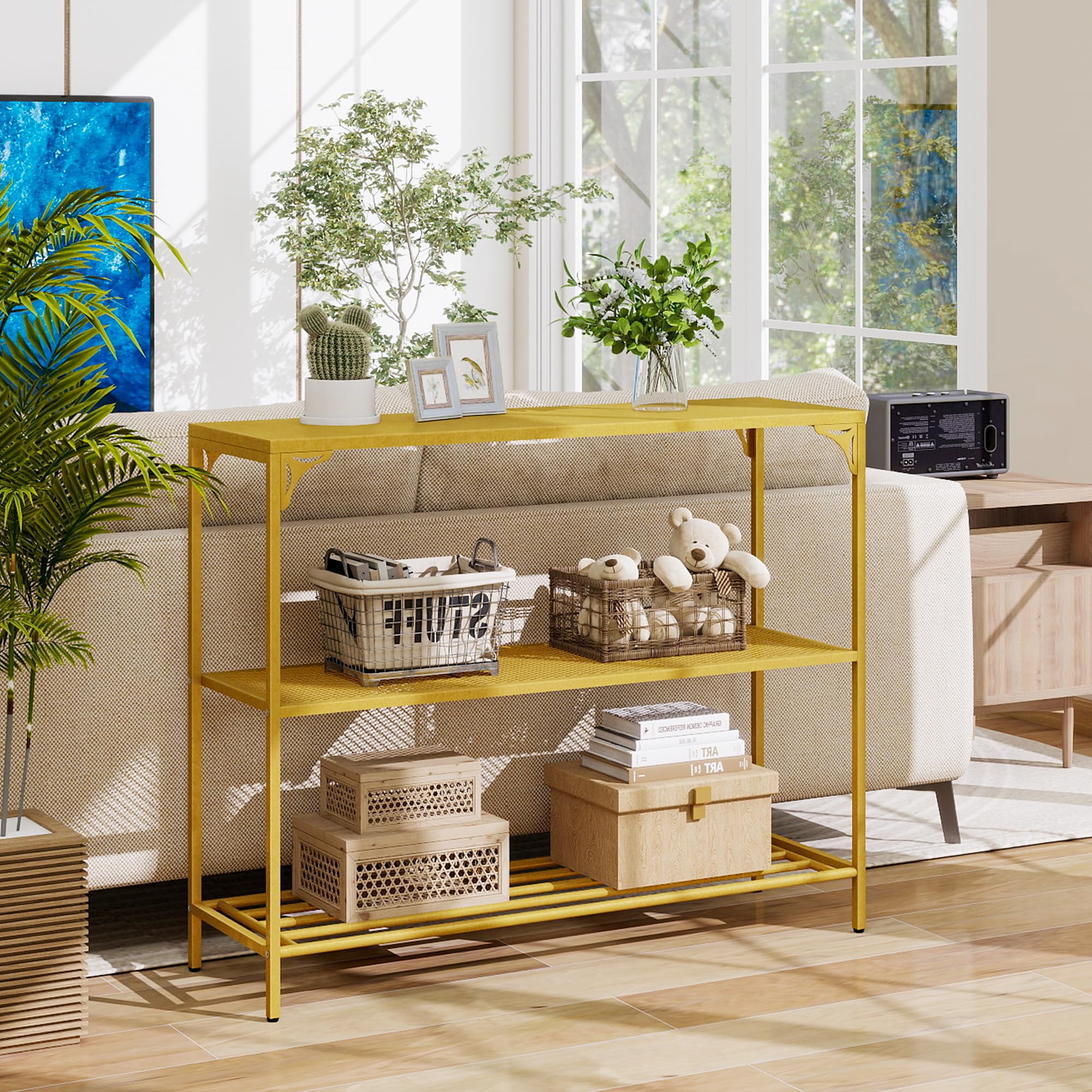 HDANI Schmaler Konsolentisch, 100 x 30 x 80 cm, Goldfarben | 2 Regale aus Netz, Metall-Beistelltisch, Für Wohnzimmer, Flur, Schlafzimmer und Büro