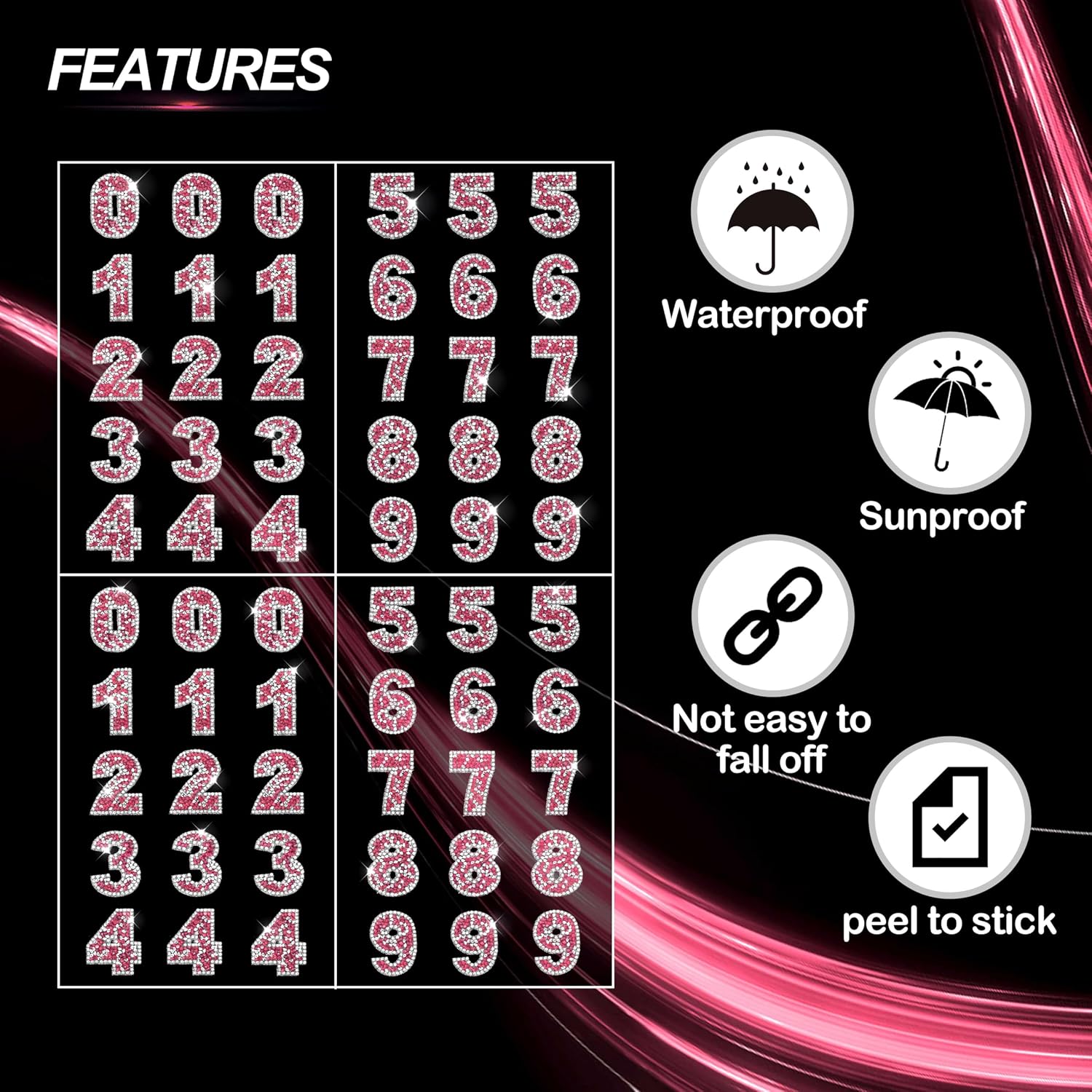60pcs Bling Rhinestone Numbers Sticker 6sets 0-9Digits Self-Adhesive Iron on Crystal Numbers Stickers for DIY Crafts Laptop Gifts Furniture Car Clothing Decorations(Pink+White,1.73") image 4