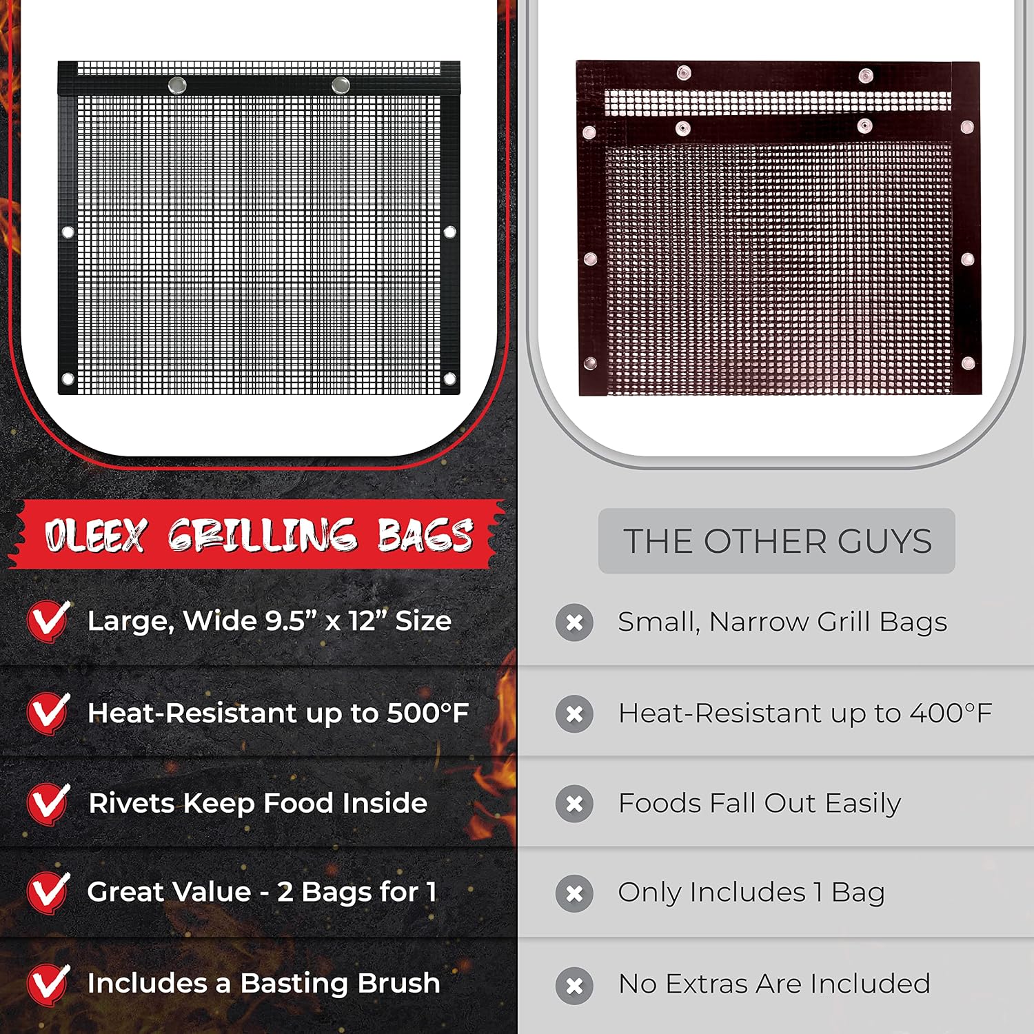 BBQ Non-Stick Large Mesh Grilling Bags + Basting Brush - Reusable PTFE Mesh Indoor Outdoor Charcoal Barbecue Grill Bag Accessories, Heat-Resistant Up to 500 F, Easy to Clean, Dishwasher-Safe - Set of 2